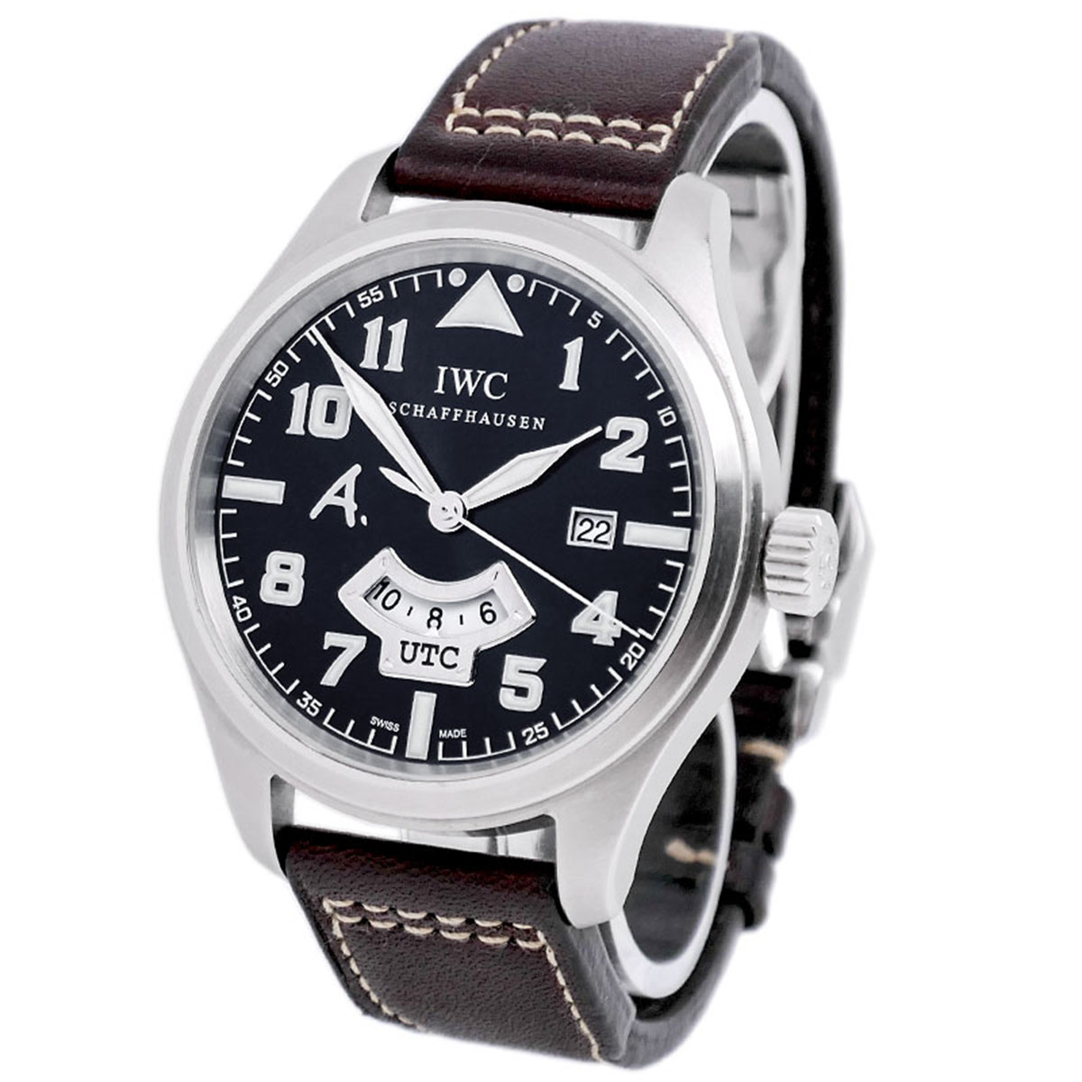IWC Pilots Watch UTC Saint Exupery Edelstahl Braun IW326104 Sehr gut Gehäuseprofil links