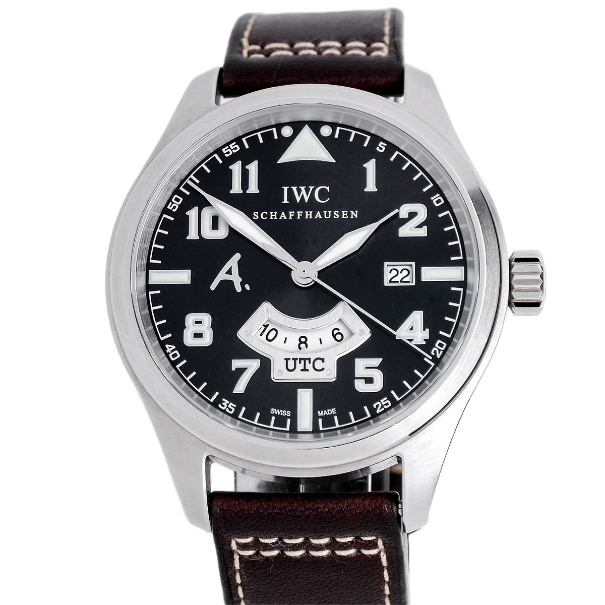 IWC Pilots Watch UTC Saint Exupery Edelstahl Braun IW326104 Sehr gut Frontalansicht