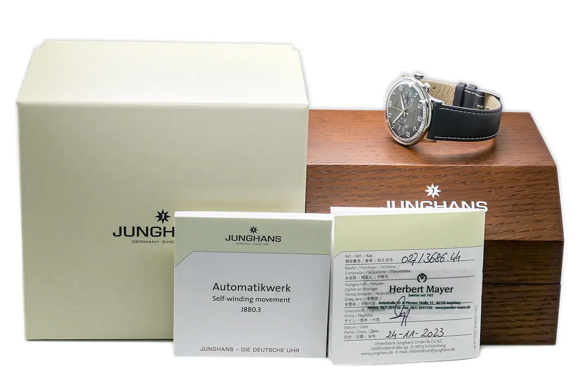 Junghans Meister Driver Chronoscope Edelstahl 027/3686.44 Full Set Zubehoer