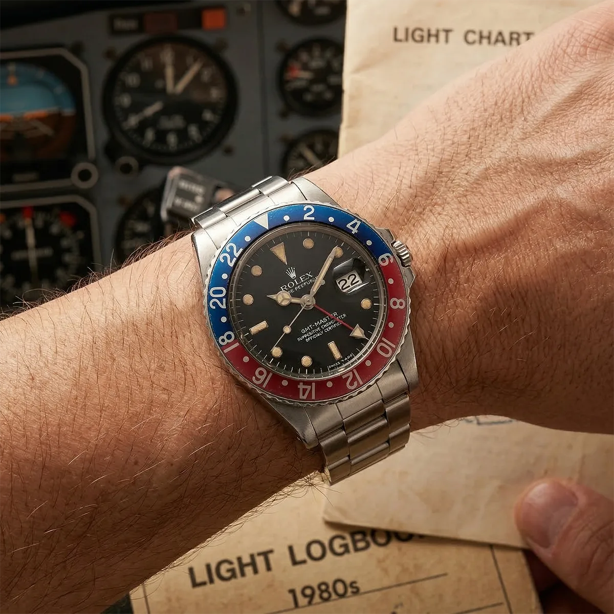 Rolex GMT-Master Edelstahl Schwarz 16750 Getragen Wristshot
