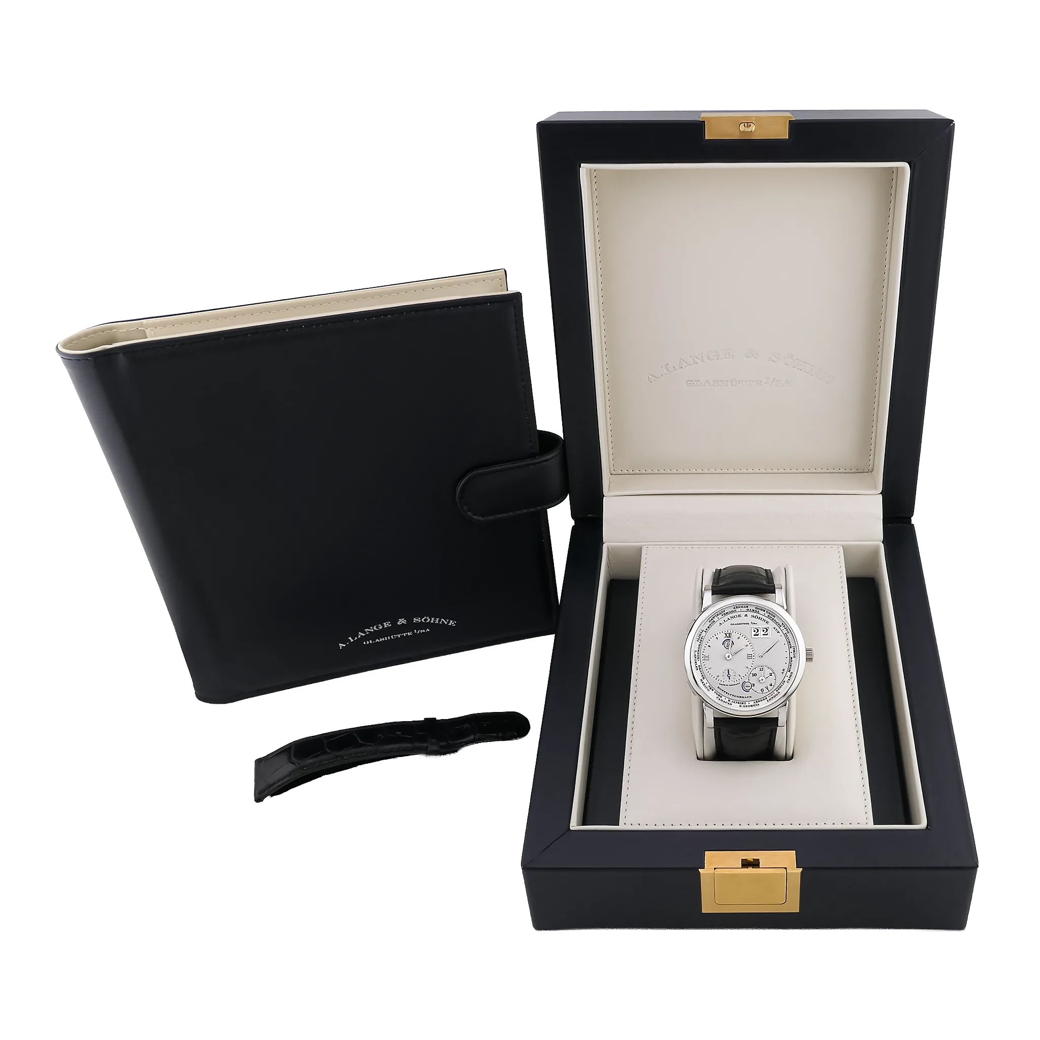A. Lange & Söhne Lange 1 Zeitzone Platin 116.025 Zifferblatt rhodiné Box u. Papiere
