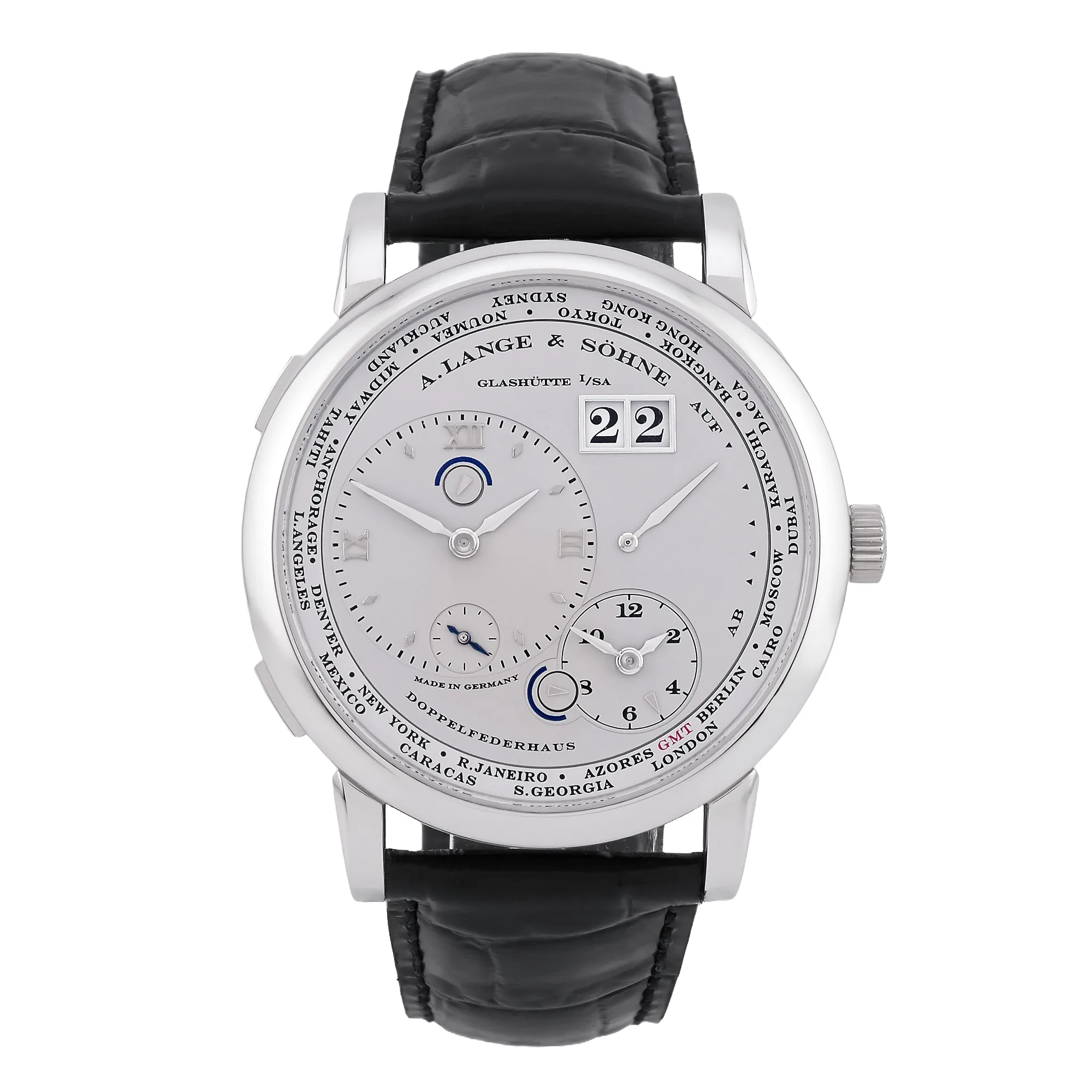 A. Lange & Söhne Lange 1 Zeitzone Platin 116.025 Zifferblatt rhodiné Front