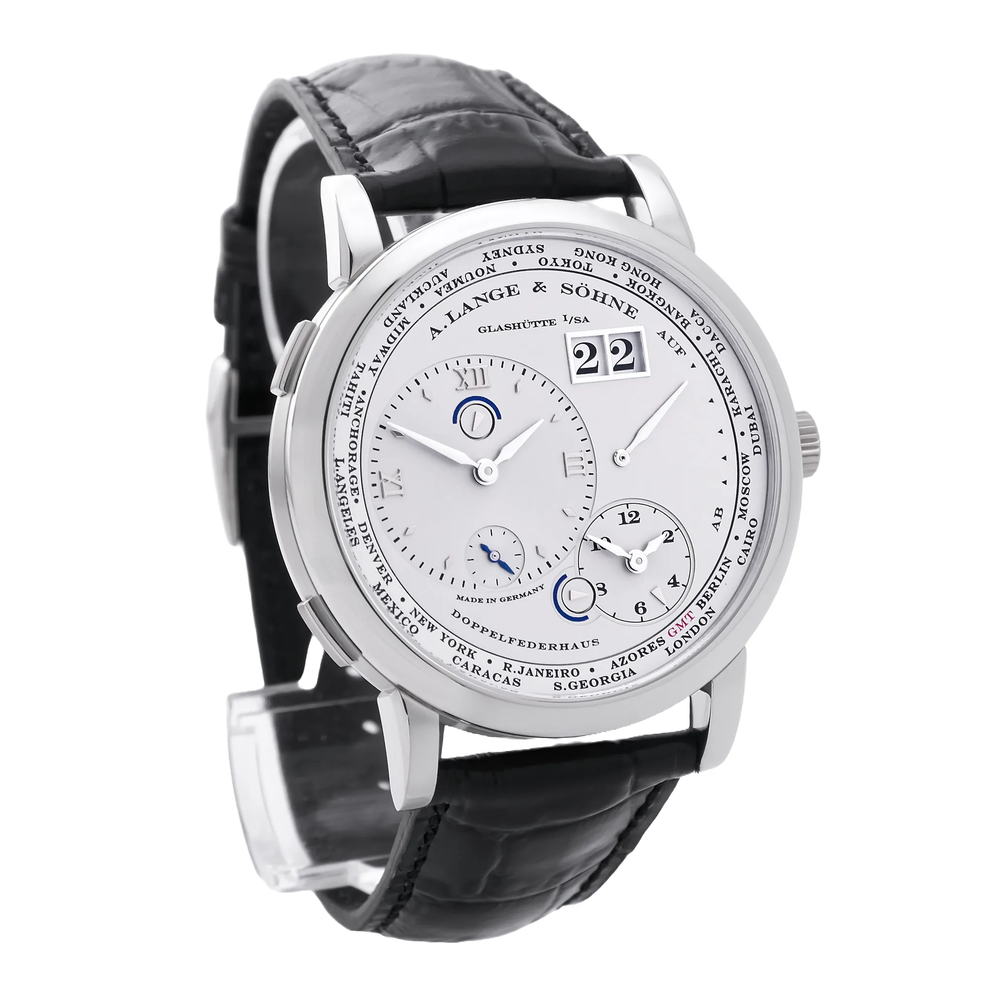 A. Lange & Söhne Lange 1 Zeitzone Platin 116.025 Zifferblatt rhodiné Front Links