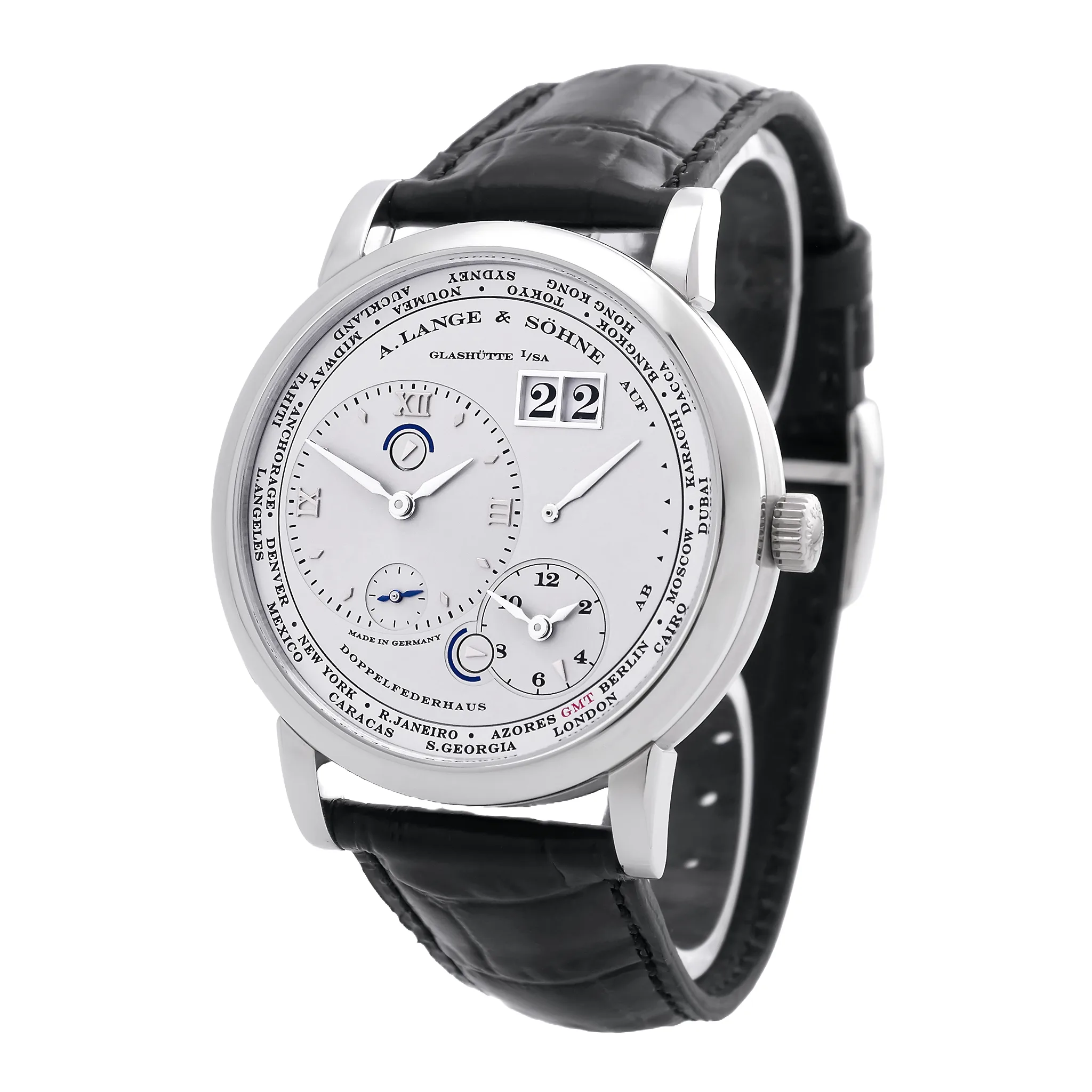 A. Lange & Söhne Lange 1 Zeitzone Platin 116.025 Zifferblatt rhodiné Front Rechts