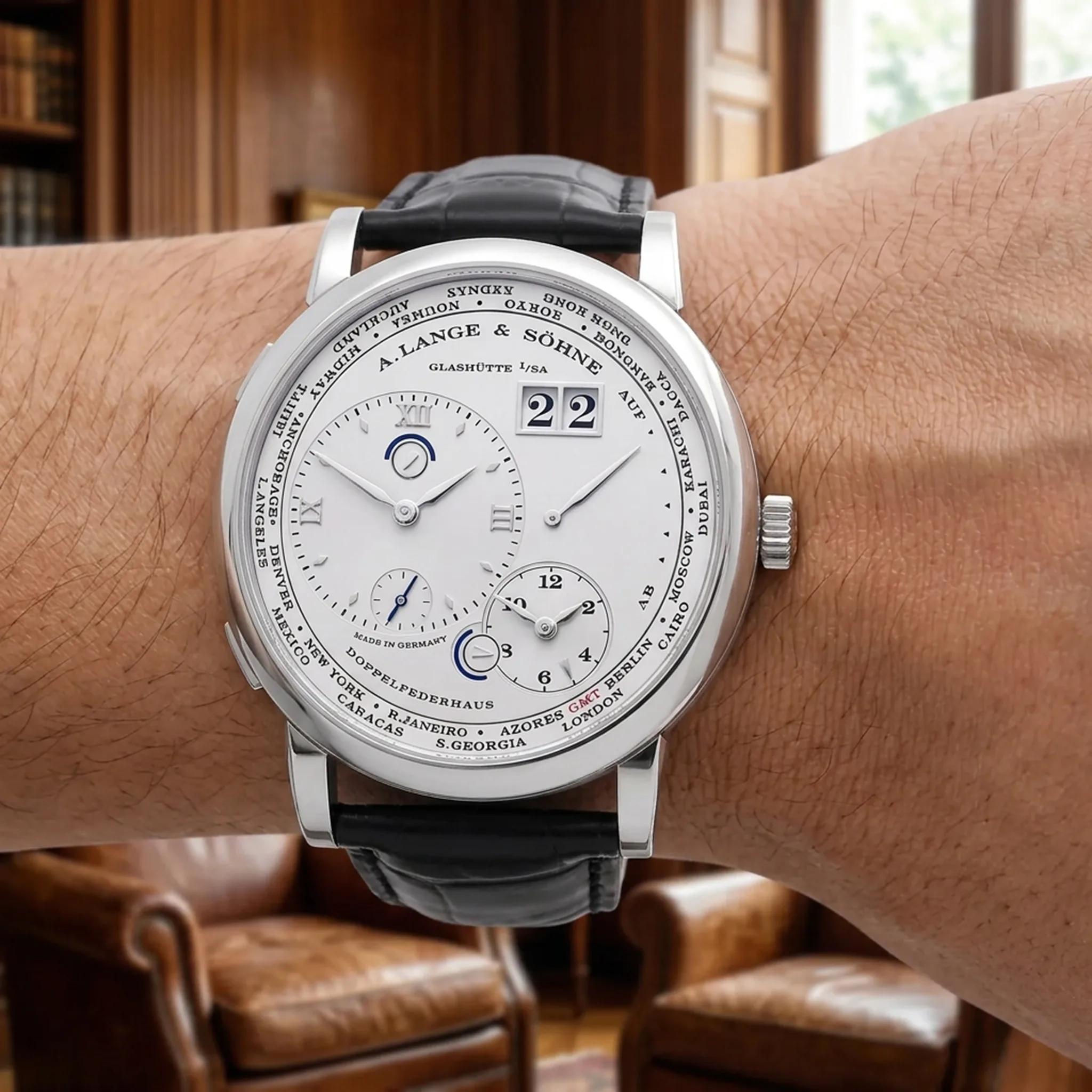 A. Lange & Söhne Lange 1 Zeitzone Platin 116.025 Zifferblatt rhodiné Wristshot