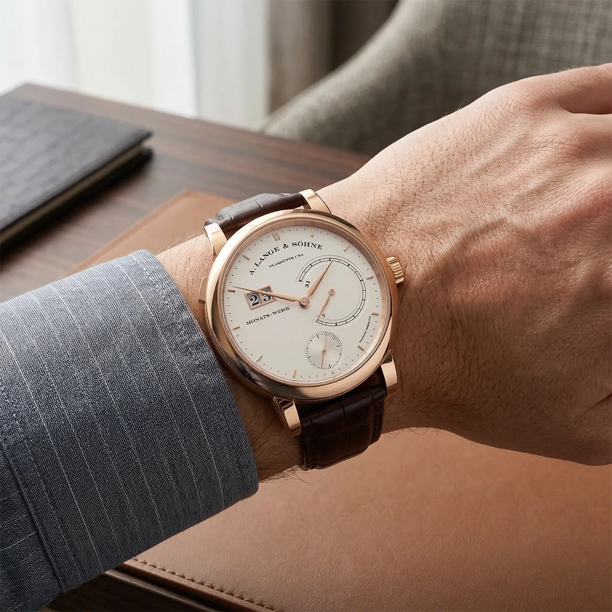 A. Lange & Söhne Lange 31 Roségold silbern 130.032F neuwertig Wristshot