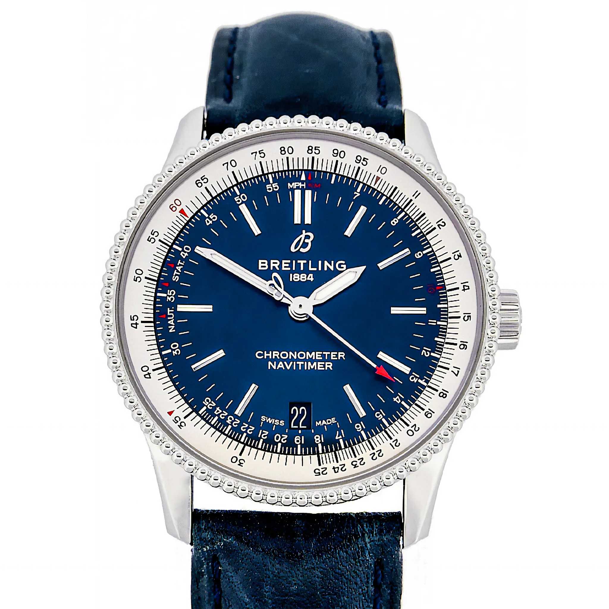 Breitling Navitimer 38 Edelstahl Blau A17325211C1P2 Sehr gut Frontalansicht