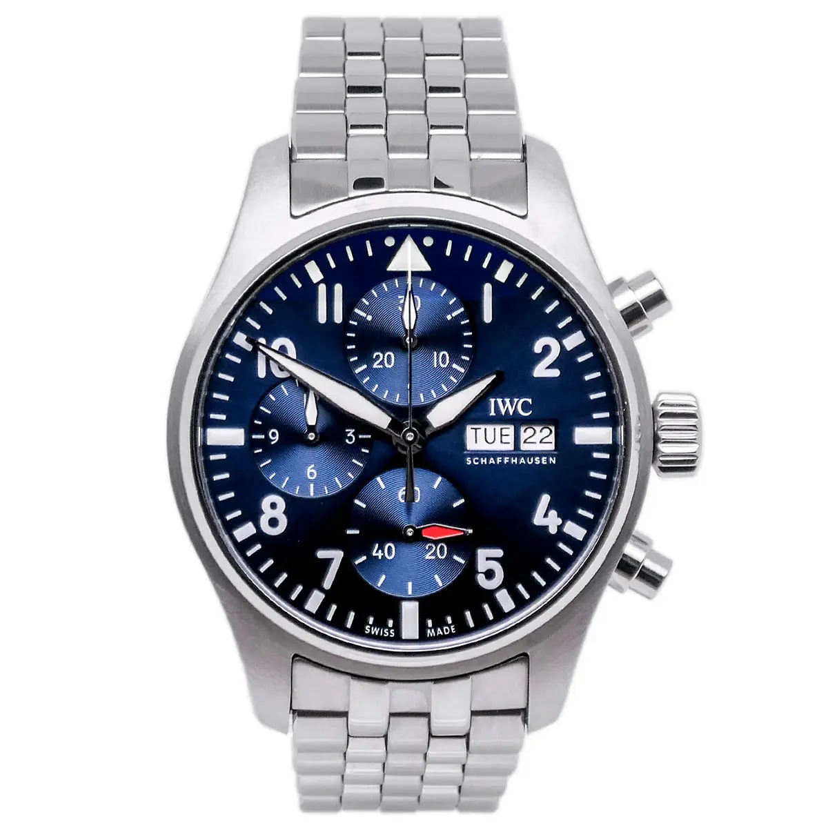 IWC Pilot’s Watch Chronograph 41 Edelstahl IW388102 blaues Zifferblatt Frontalansicht
