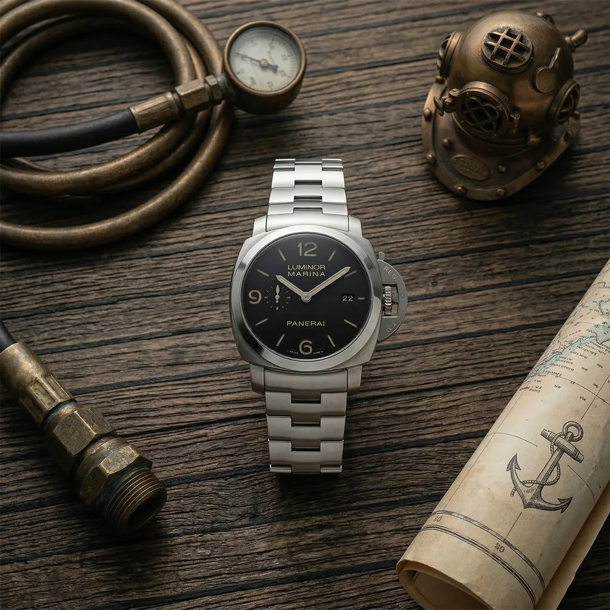 Panerai Luminor Marina 1950 Edelstahl PAM00328 Neuwertig Stillleben