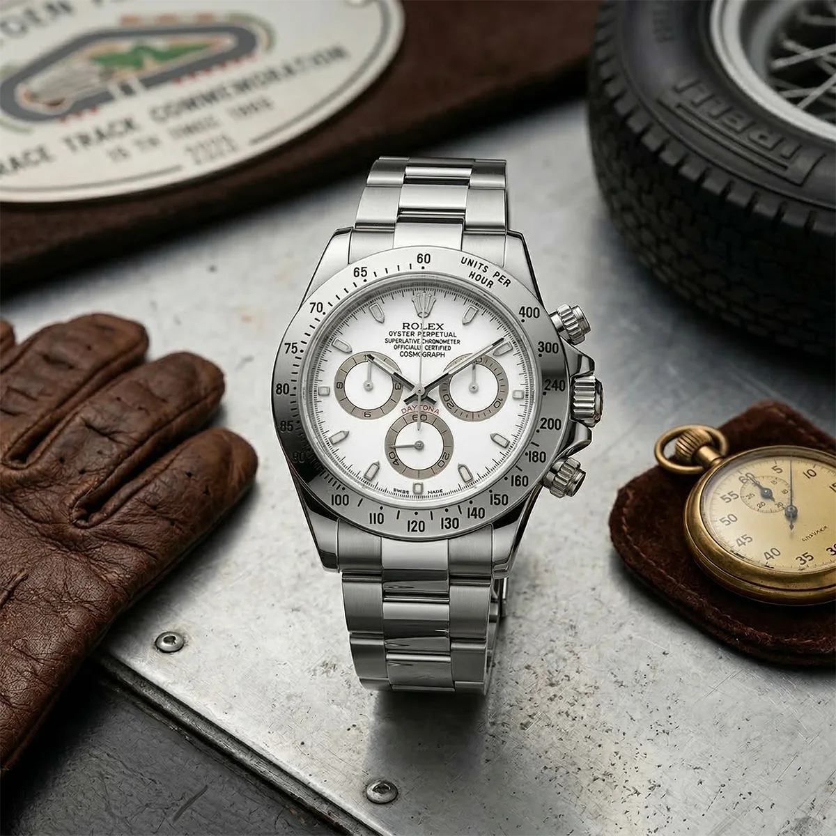Rolex Cosmograph Daytona Referenz 116520 Z-Serie weiß NOS Stillleben