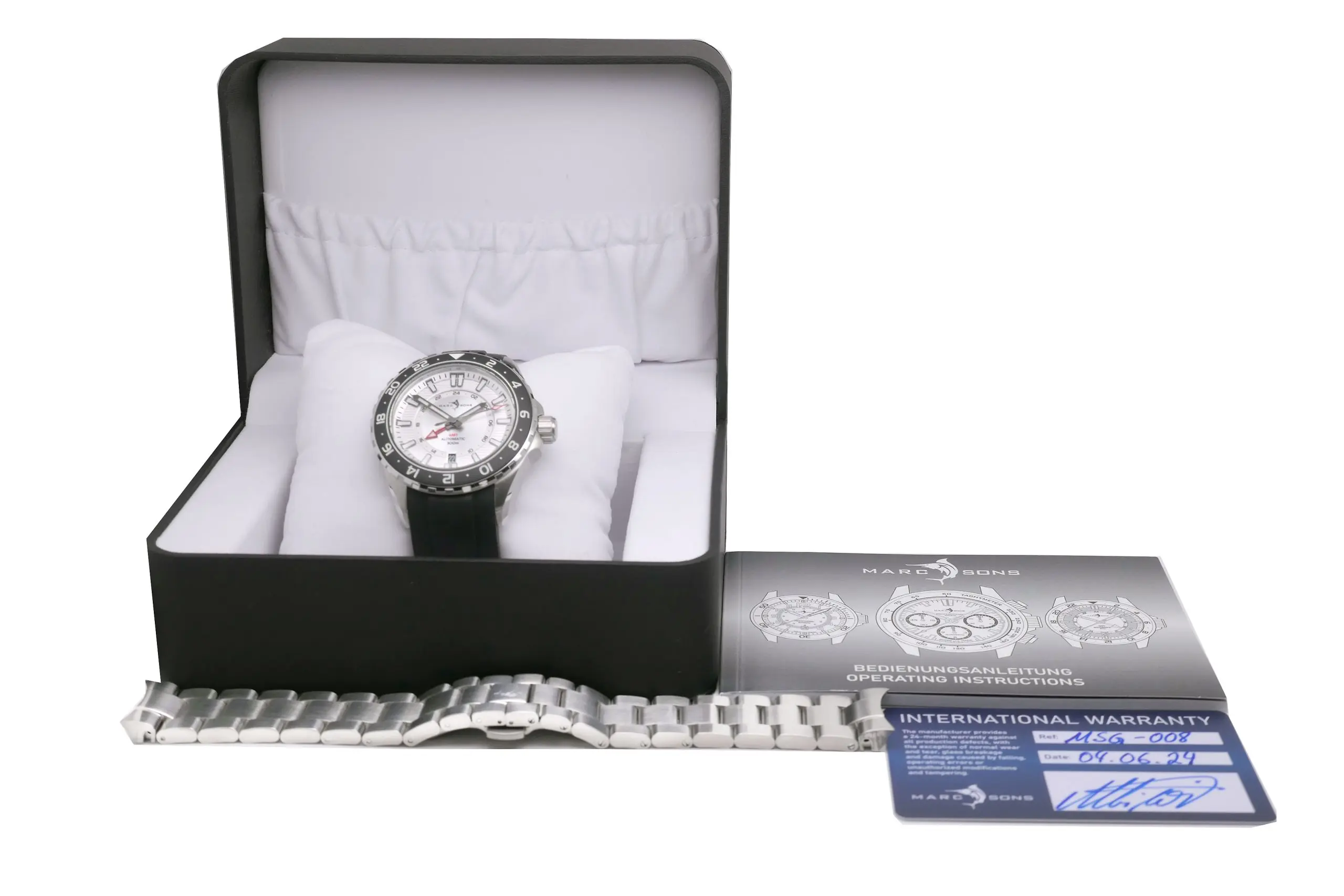 Marc & Sons GMT II Silber Schwarz MSG-008-07 Full Set Box Papiere Stahl-Kautschukband