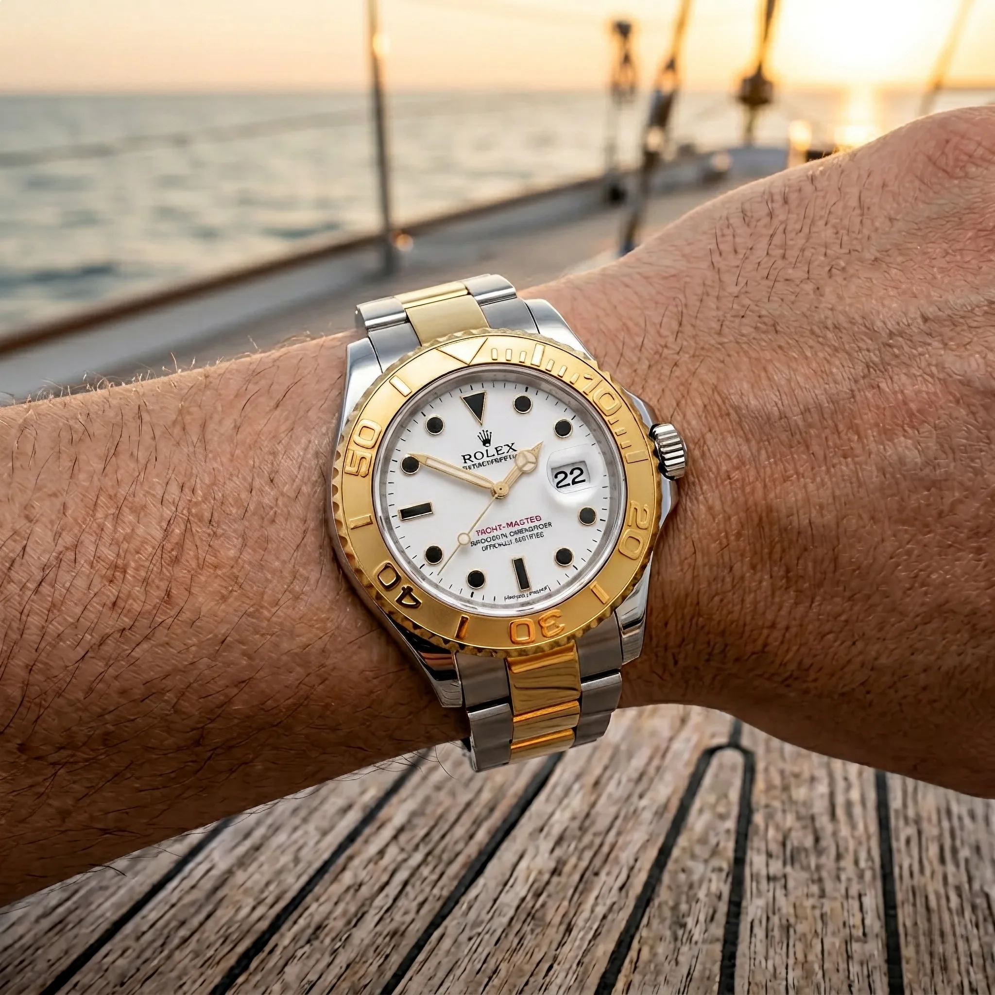 Rolex Yacht-Master Edelstahl 18 Karat Gelbgold Ref. 16623 Full Set Zustand getragen Wristshot