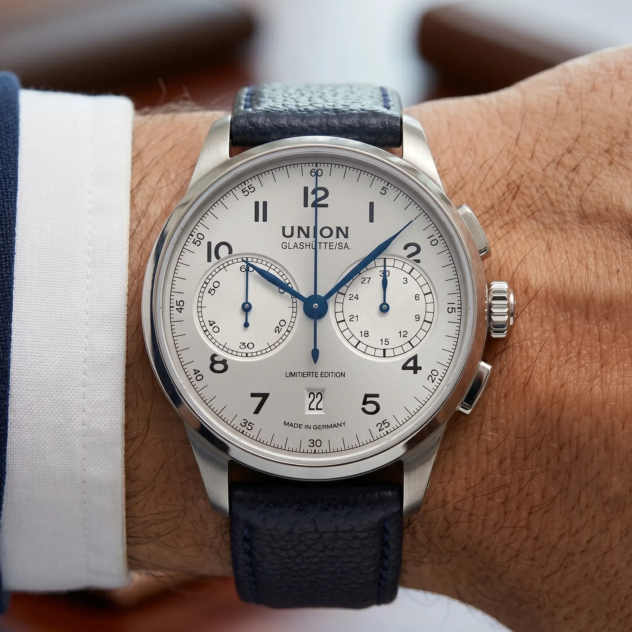 Union Glashütte 1893 Johannes Dürrstein Edition Silber D007.459.16.032.09 Zifferblatt Strichschliff Wristshot