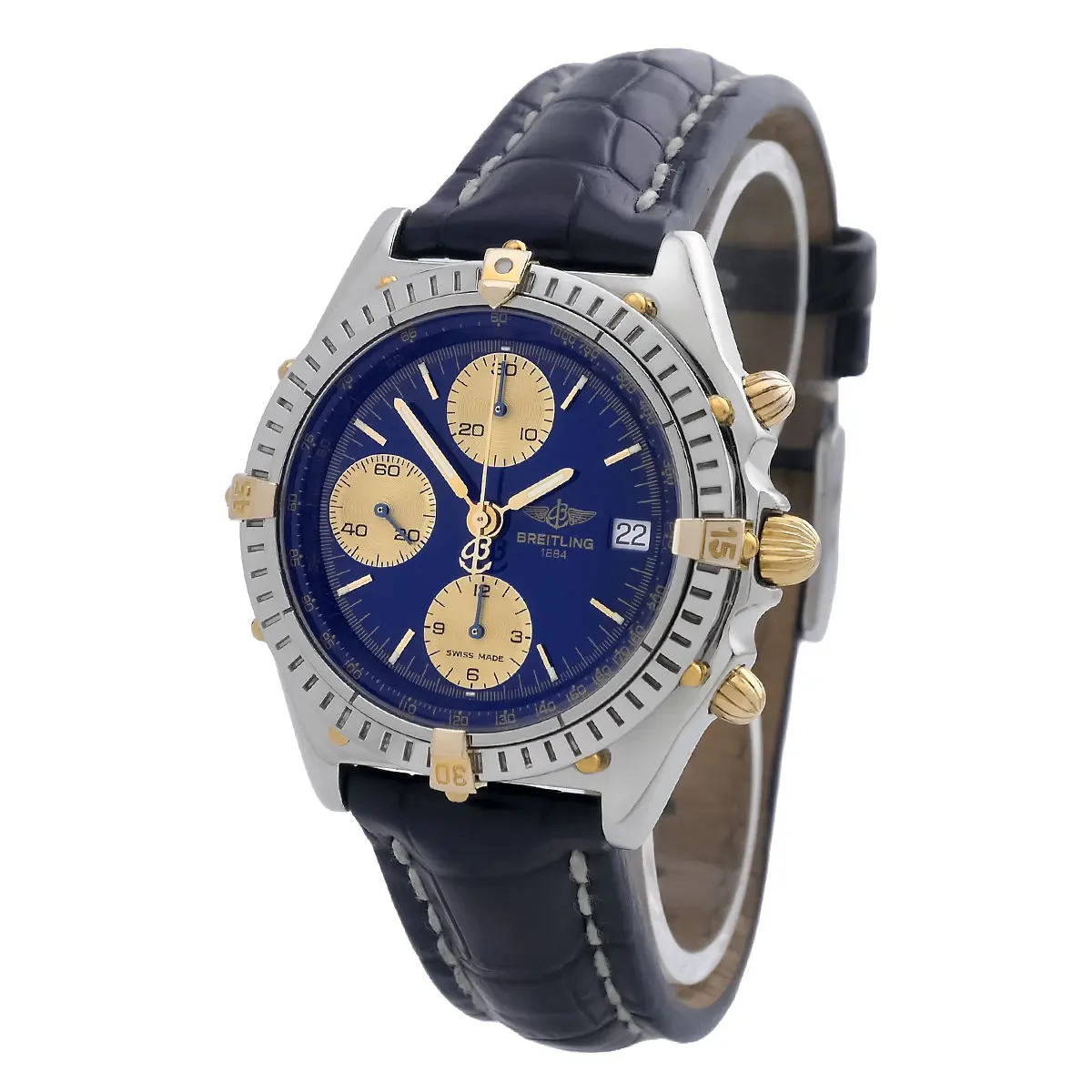 Breitling Chronomat B13050.1 case flank pusher crown steel gold right