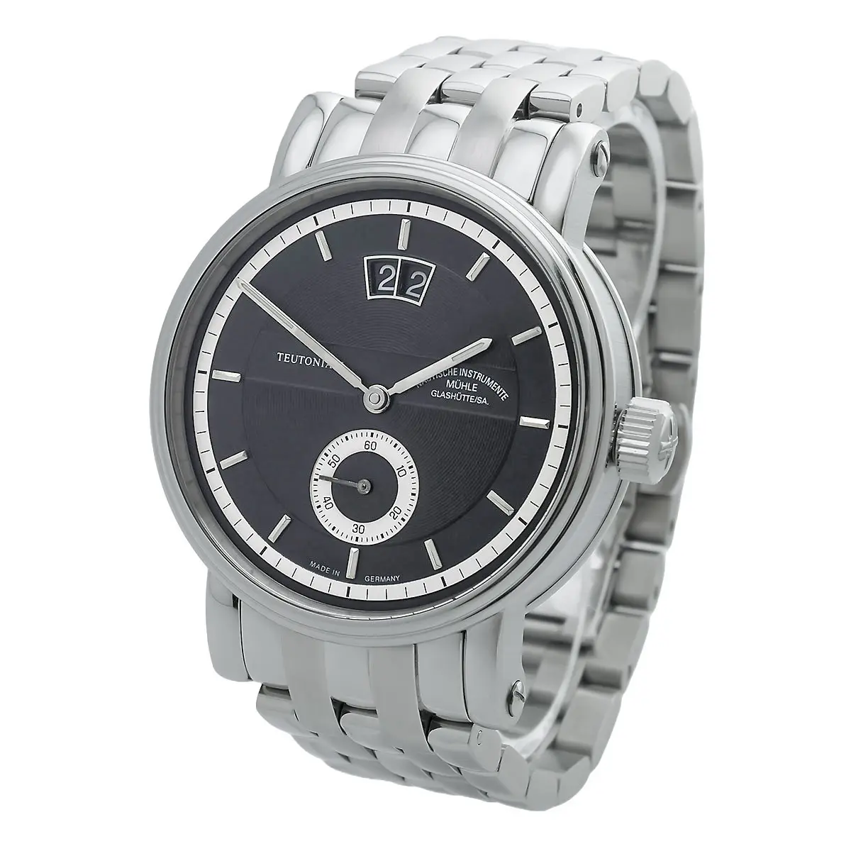 Mühle Glashütte Teutonia II Großdatum Edelstahl M1-30-83 Getragen Links