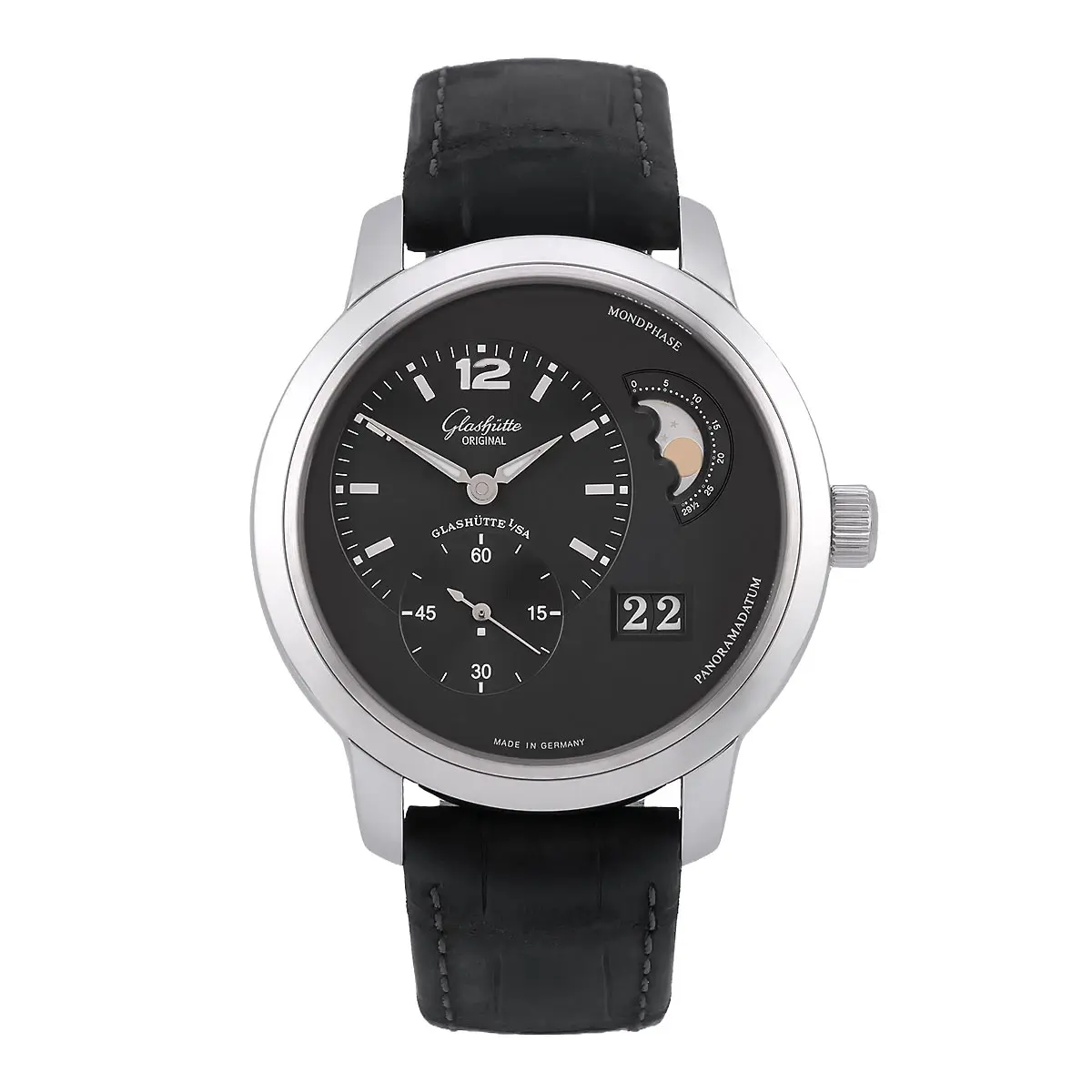 Glashütte Original PanoMaticLunar XL Edelstahl Grau 90‑02‑36‑12‑05 sehr gut Frontansicht