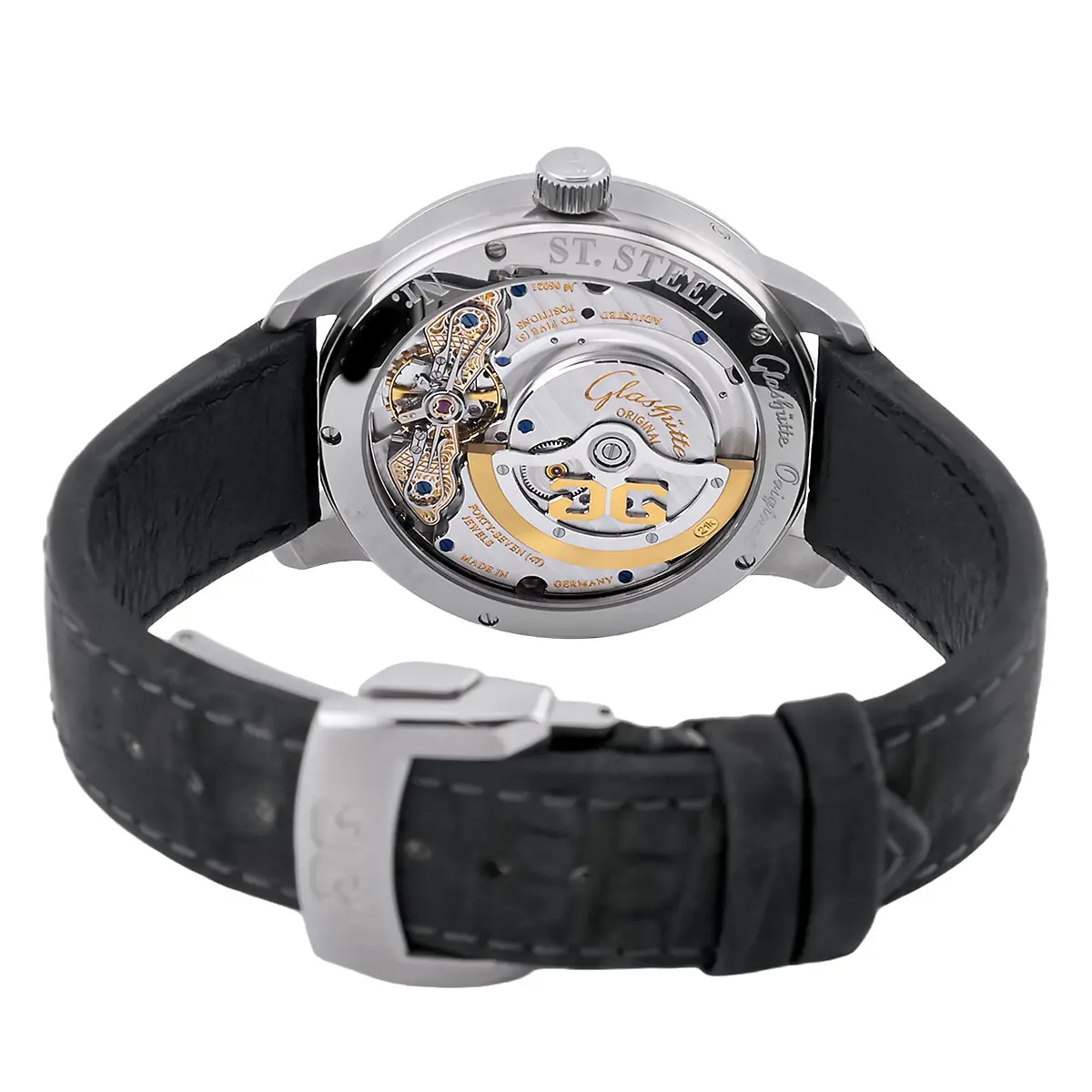 Glashütte Original PanoMaticLunar XL stainless steel gray 90-02-36-12-05 sapphire crystal case back Movement view