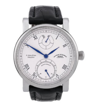 Mühle Glashütte Robert Mühle Auf/Ab Edelstahl mit weißem Zifferblatt, Referenz M1-11-15-100-LB, Full Set, Limitiert