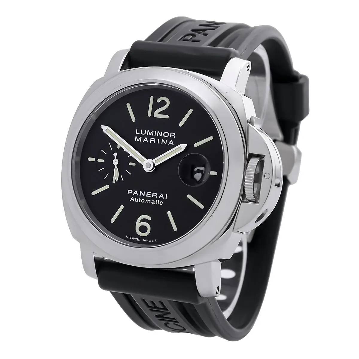 Panerai Luminor Marina Edelstahl Schwarz PAM00104 Getragen Rechtsansicht