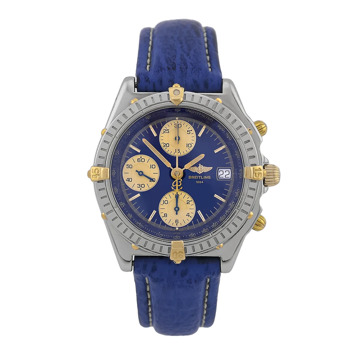 Breitling Chronomat Edelstahl Gelbgold Blau B13050.1 Getragen Front