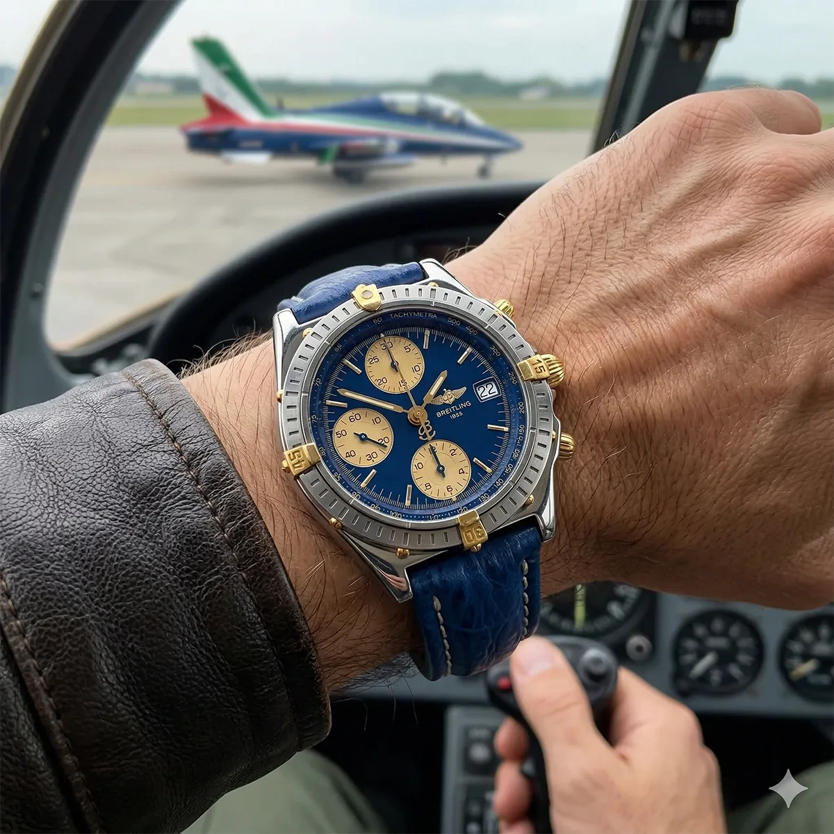 Breitling Chronomat Edelstahl Gelbgold Blau B13050.1 Getragen Wristshot