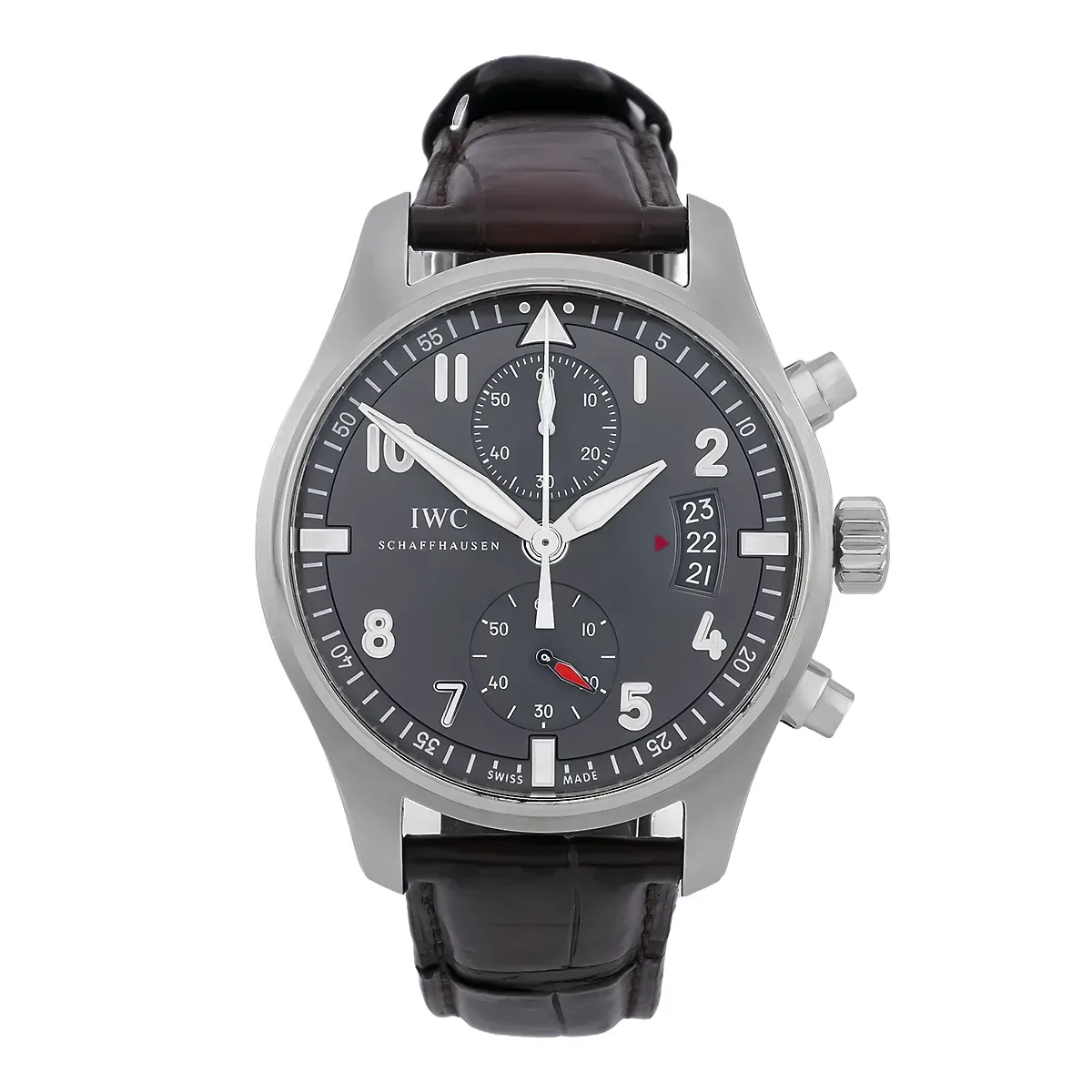 IWC Spitfire Chronograph Flyback Edelstahl Ardoise IW387802 sehr guter Zustand Frontalansicht