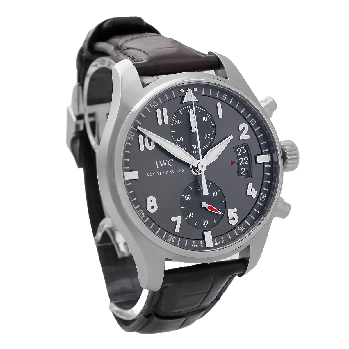 IWC Spitfire Chronograph Flyback Edelstahl Ardoise IW387802 sehr guter Zustand Seitenprofil links