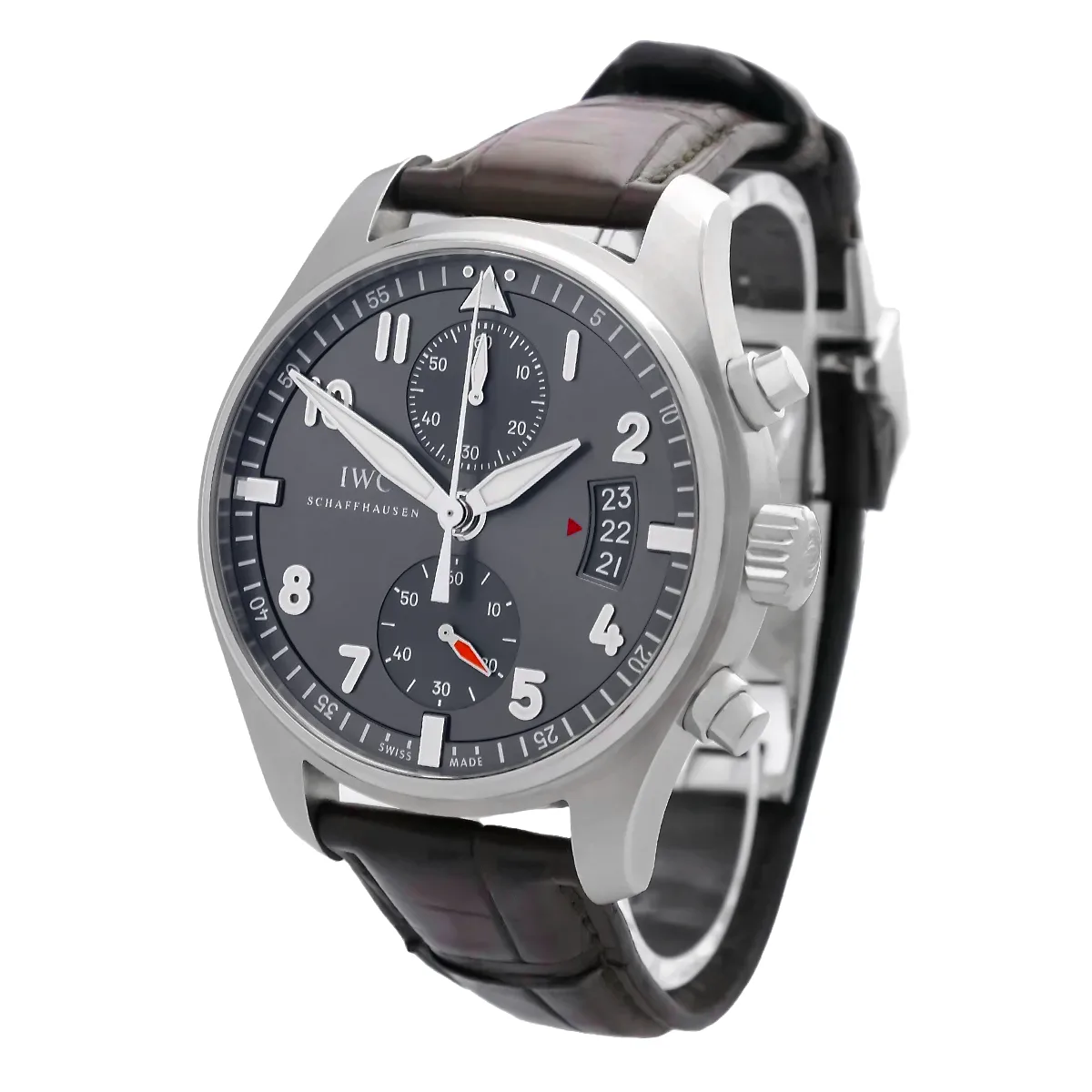 IWC Spitfire Chronograph Flyback Edelstahl Ardoise IW387802 sehr guter Zustand Seitenprofil rechts