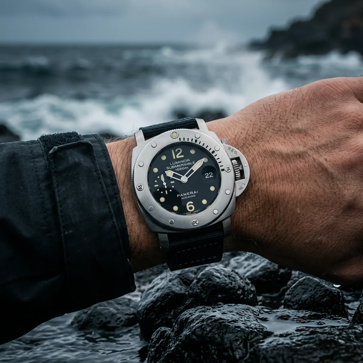 Panerai Luminor 1950 Submersible Edelstahl Schwarz PAM00243 Sehr gut Wristshot