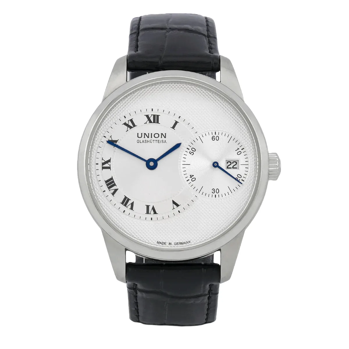 Union Glashütte 1893 Große Sekunde Edelstahl D007.444.16.033.00 sehr gut Frontalansicht