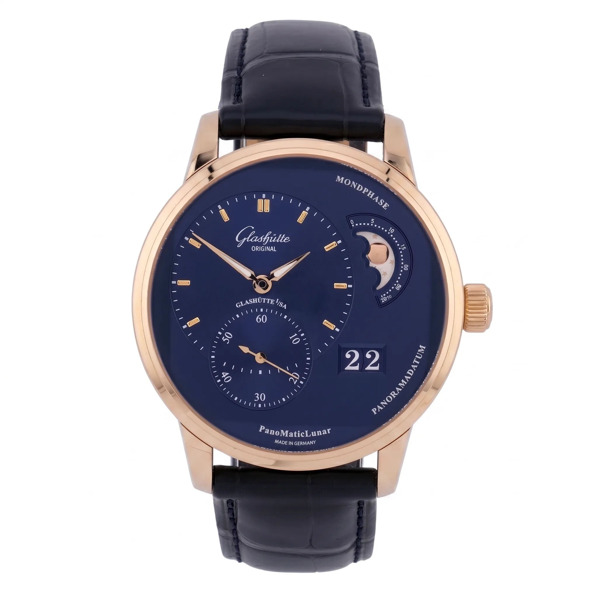 Glashütte Original PanoMaticLunar Rotgold Blau 1-90-02-11-35-30 Sehr gut Front