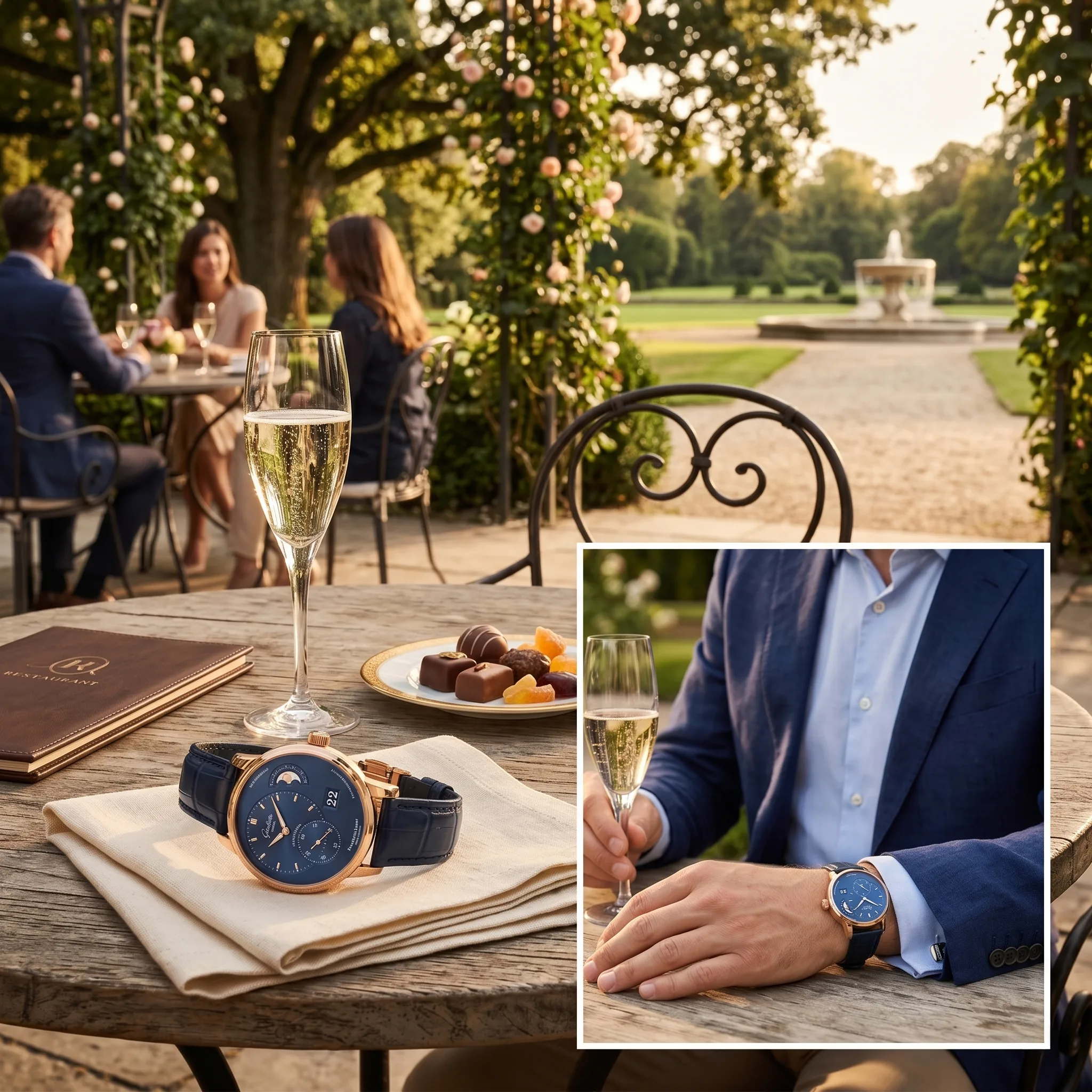 Glashütte Original PanoMaticLunar Rotgold Blau 1-90-02-11-35-30 Sehr gut Stillleben Wristshot