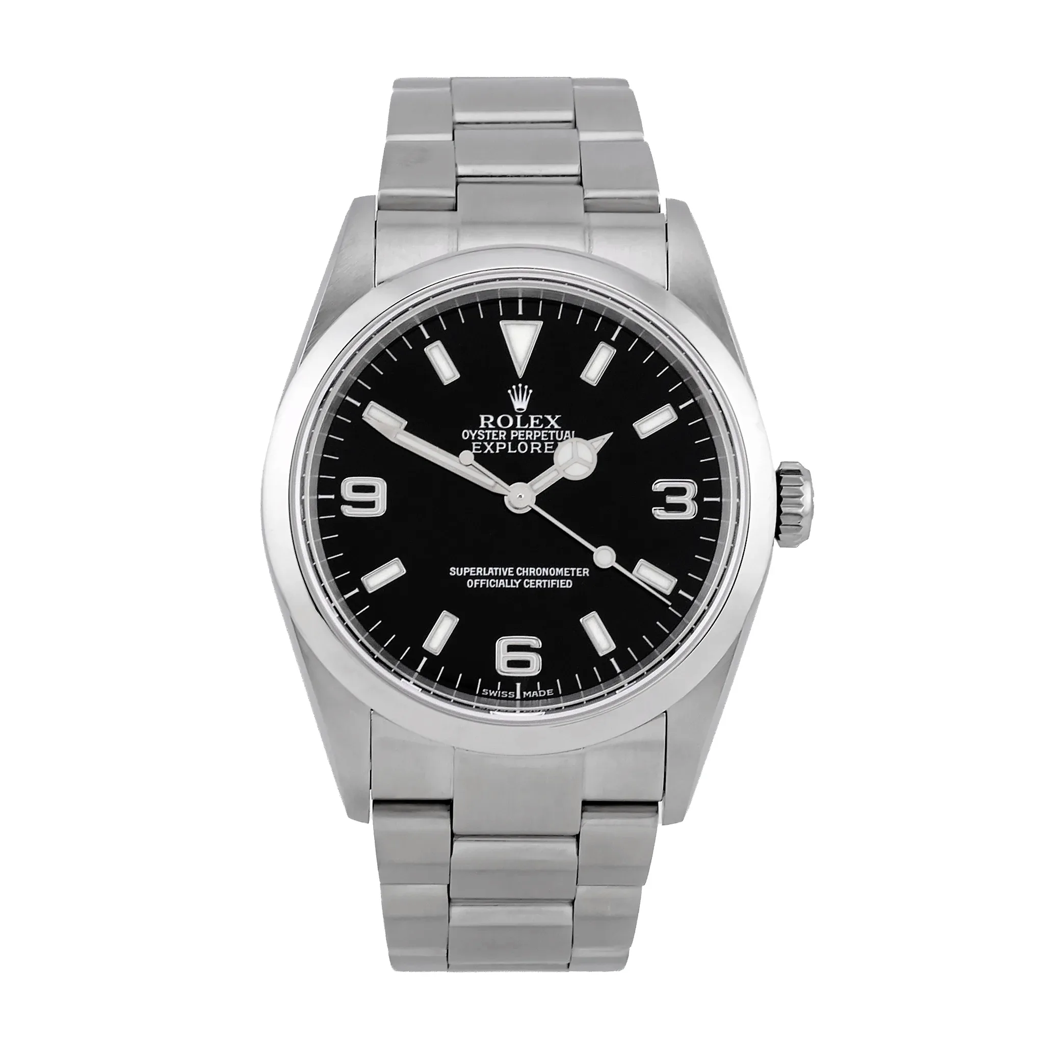 Rolex Explorer 36 mm Oystersteel schwarzes Zifferblatt 114270 sehr gut Frontansicht