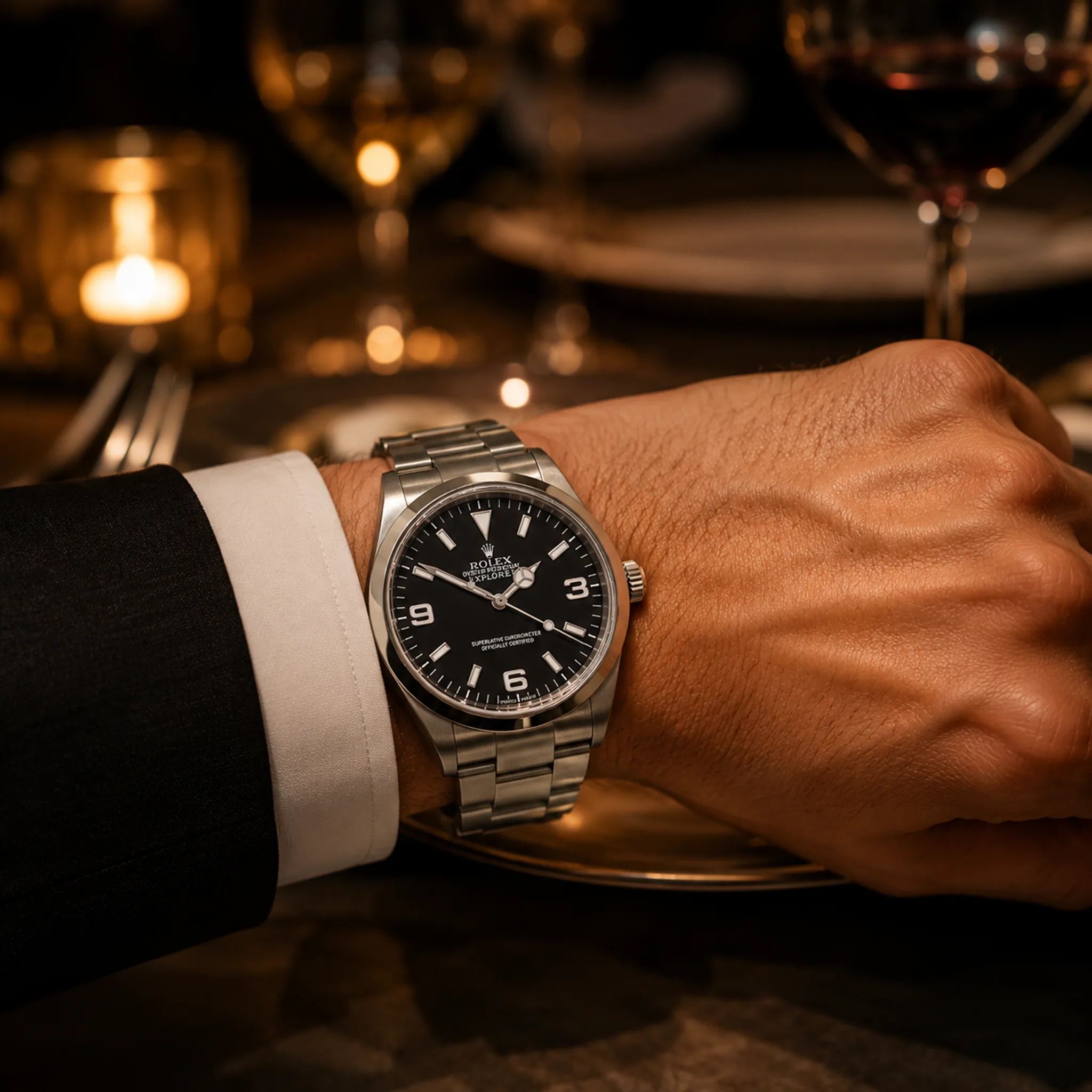 Rolex Explorer 36 mm Oystersteel schwarzes Zifferblatt 114270 sehr gut Wristshot