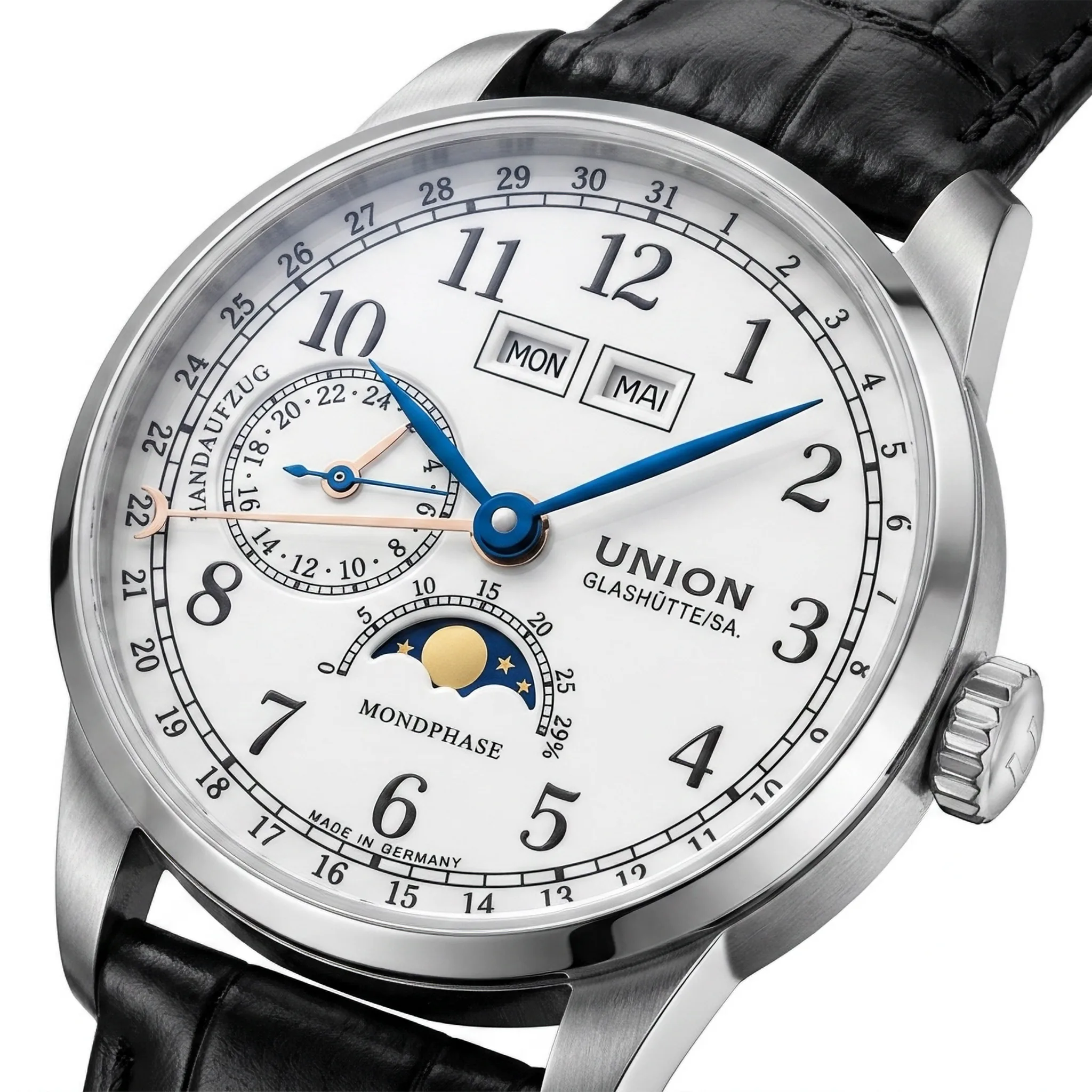 Union Glashütte 1893 Johannes Dürrstein Edelstahl D007.458.16.017.00 sehr gut Front Schräg
