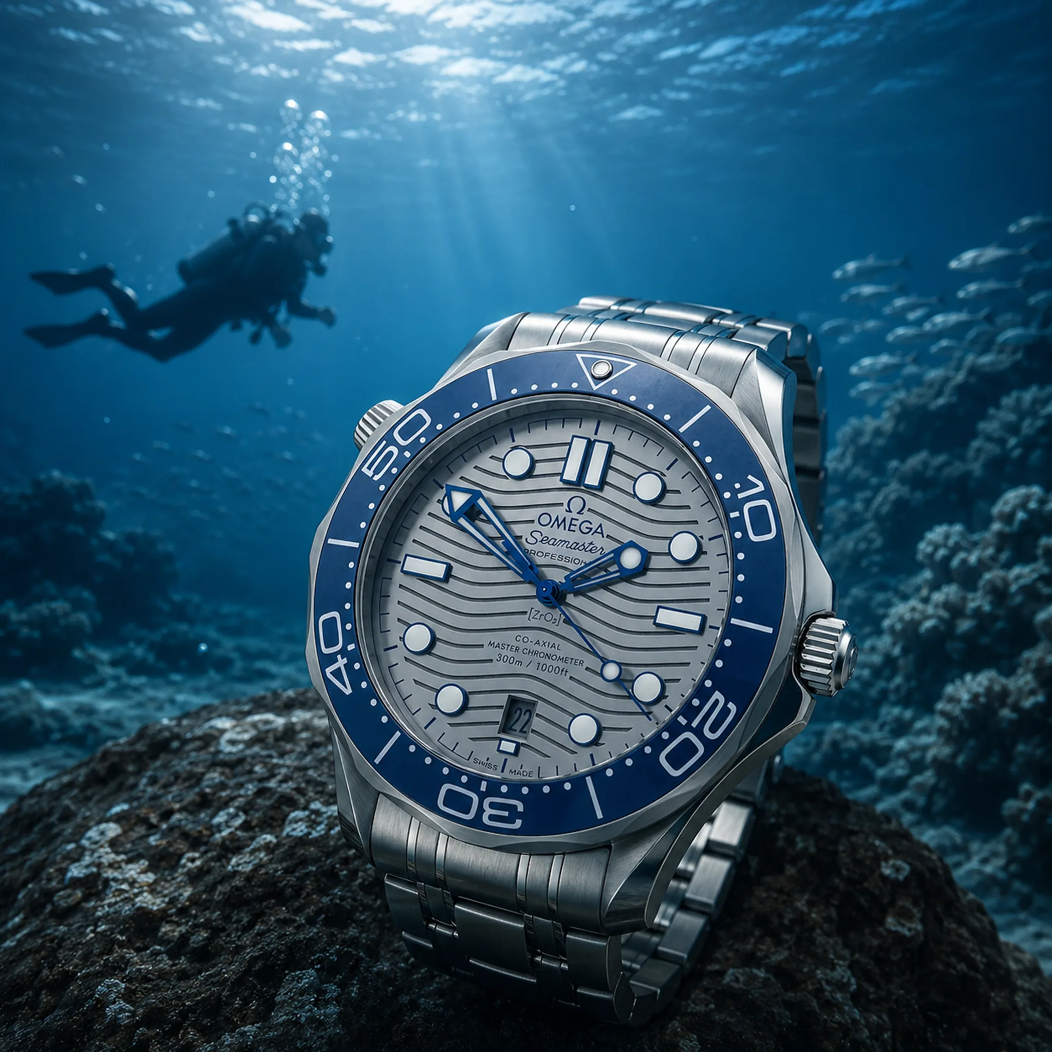 OMEGA Seamaster Diver 300M Faltschließe mit Push-Button 210.30.42.20.06.001 sehr guter Zustand Detailansicht Stillleben