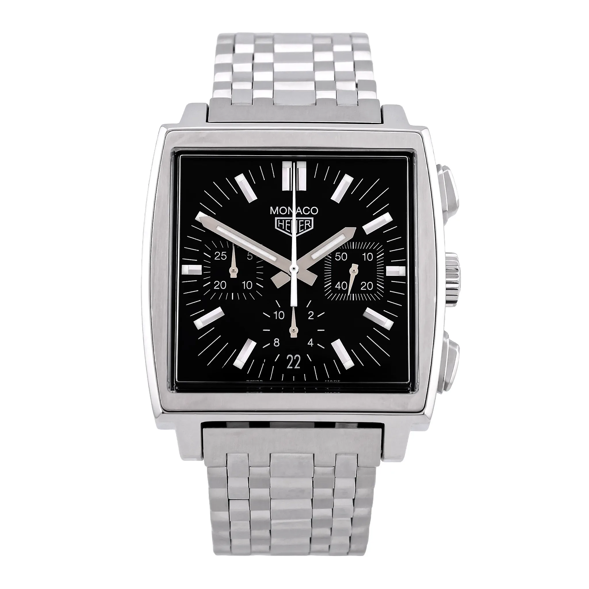 TAG Heuer Monaco Edelstahl schwarzes Zifferblatt CS2111 sehr guter Zustand Frontansicht