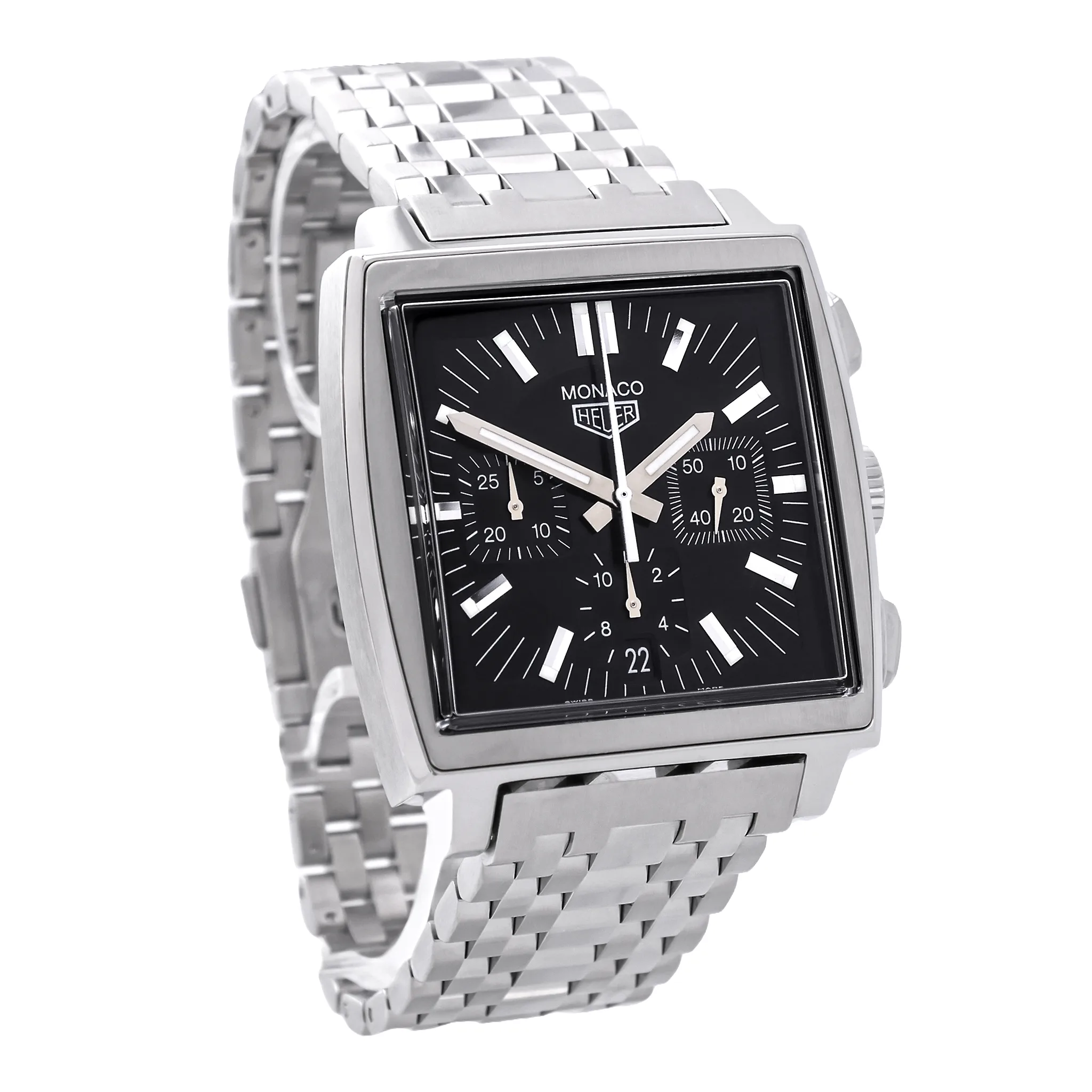 TAG Heuer Monaco Edelstahl schwarzes Zifferblatt CS2111 sehr guter Zustand linke Seitenansicht