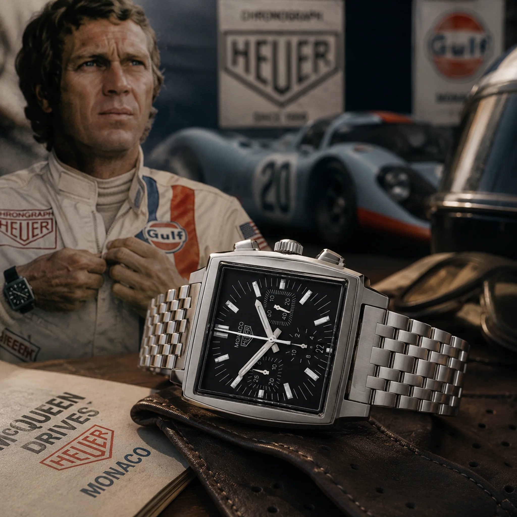 TAG Heuer Monaco Original-Edelstahlband CS2111 sehr guter Zustand Stillleben