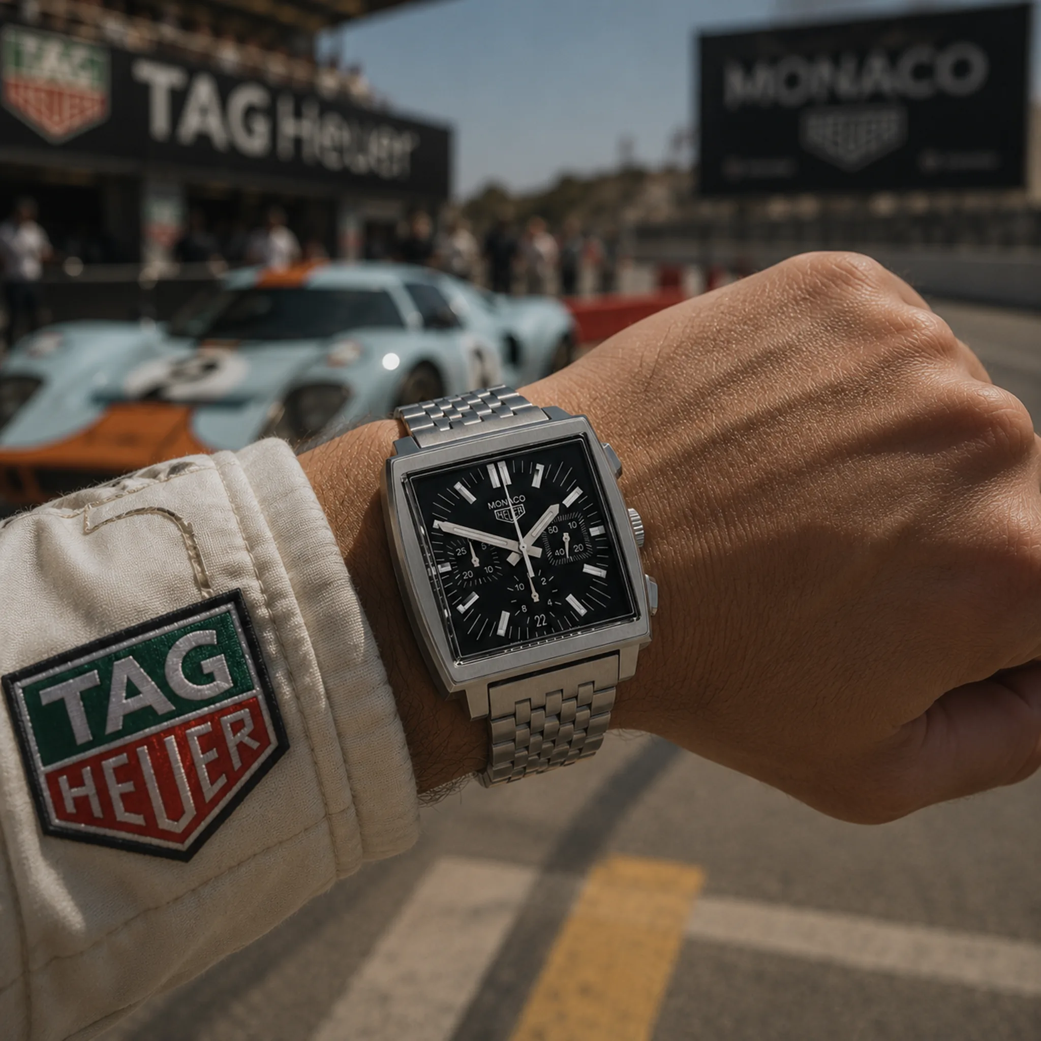 TAG Heuer Monaco Original-Edelstahlband CS2111 sehr guter Zustand Wristshot