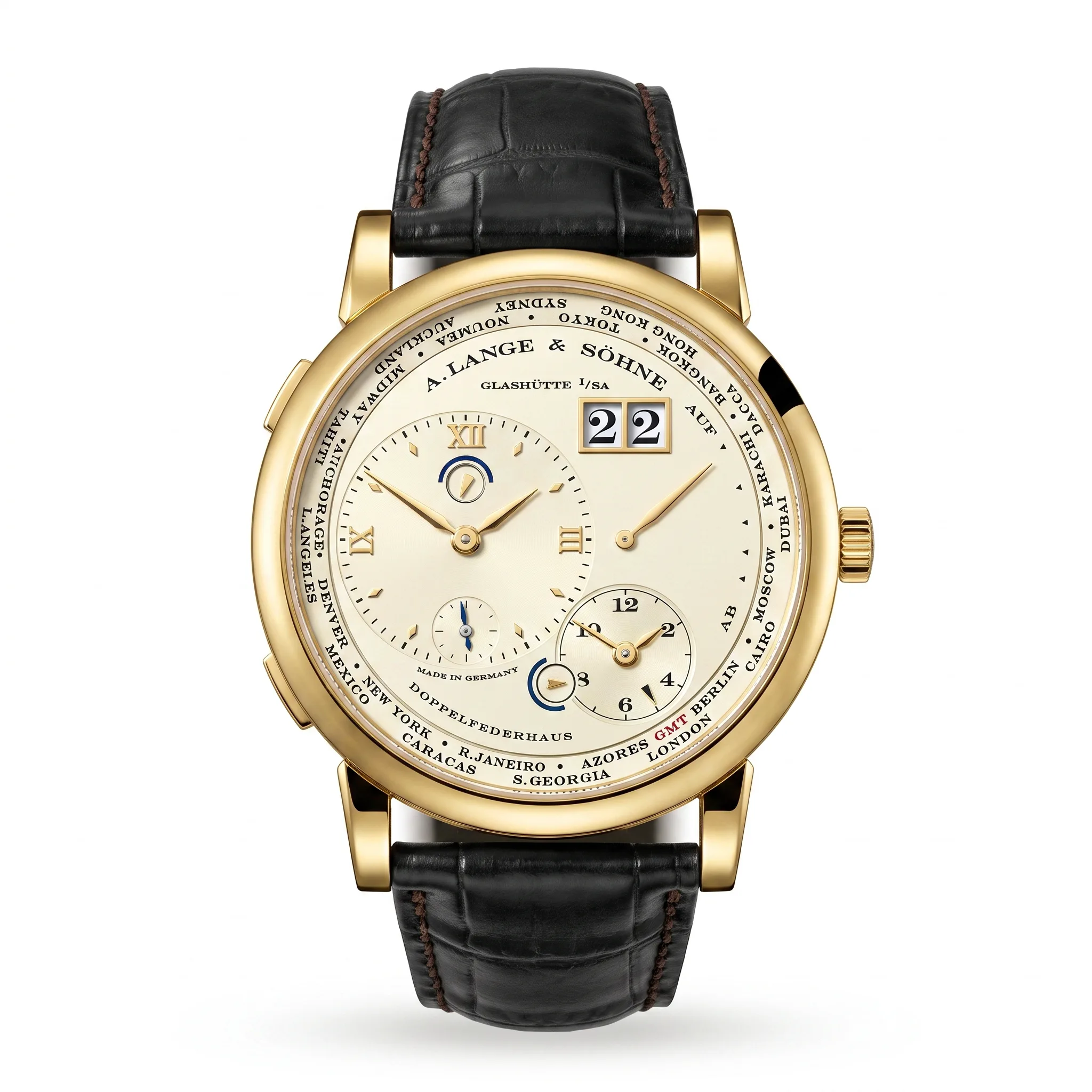 A. Lange & Söhne Lange 1 Zeitzone Gelbgold 116.021 ungetragen, Frontansicht des champagnerfarbenen Zifferblatts