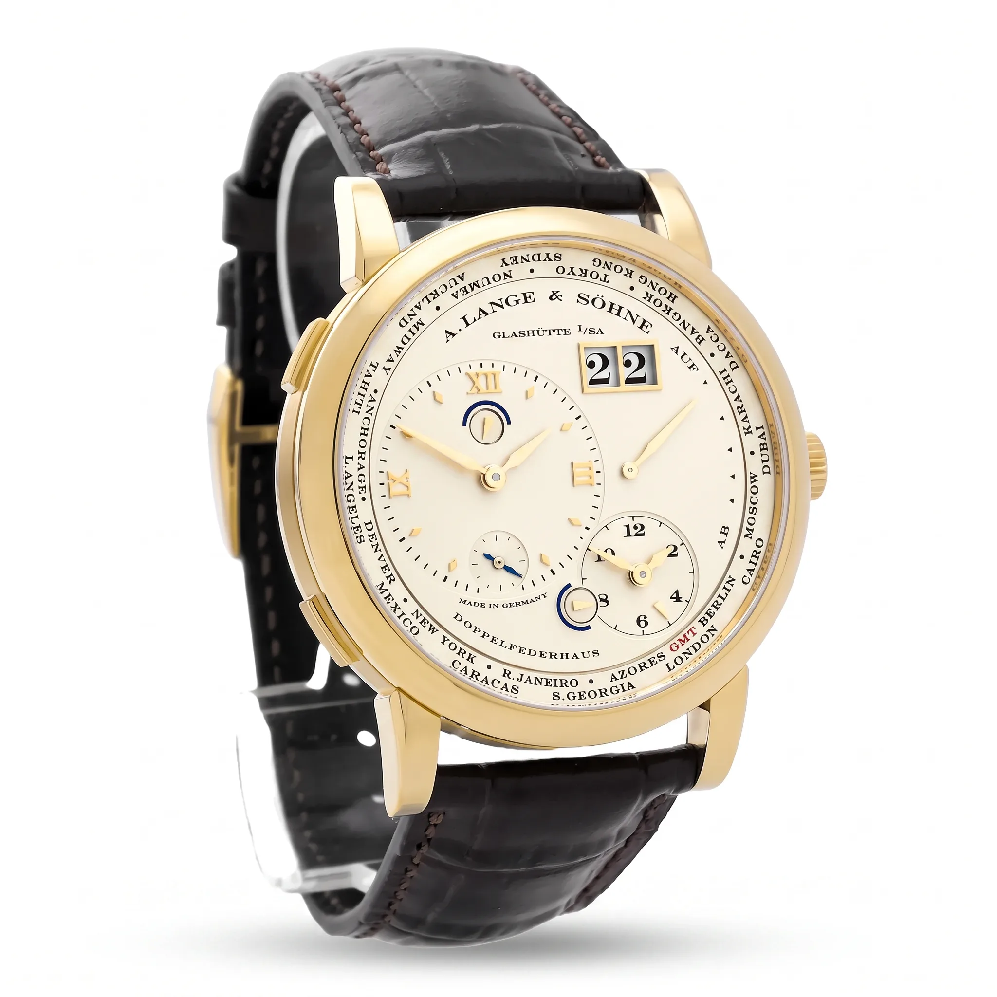 A. Lange & Söhne Lange 1 Zeitzone Gelbgold 116.021, Gehäuseansicht von links