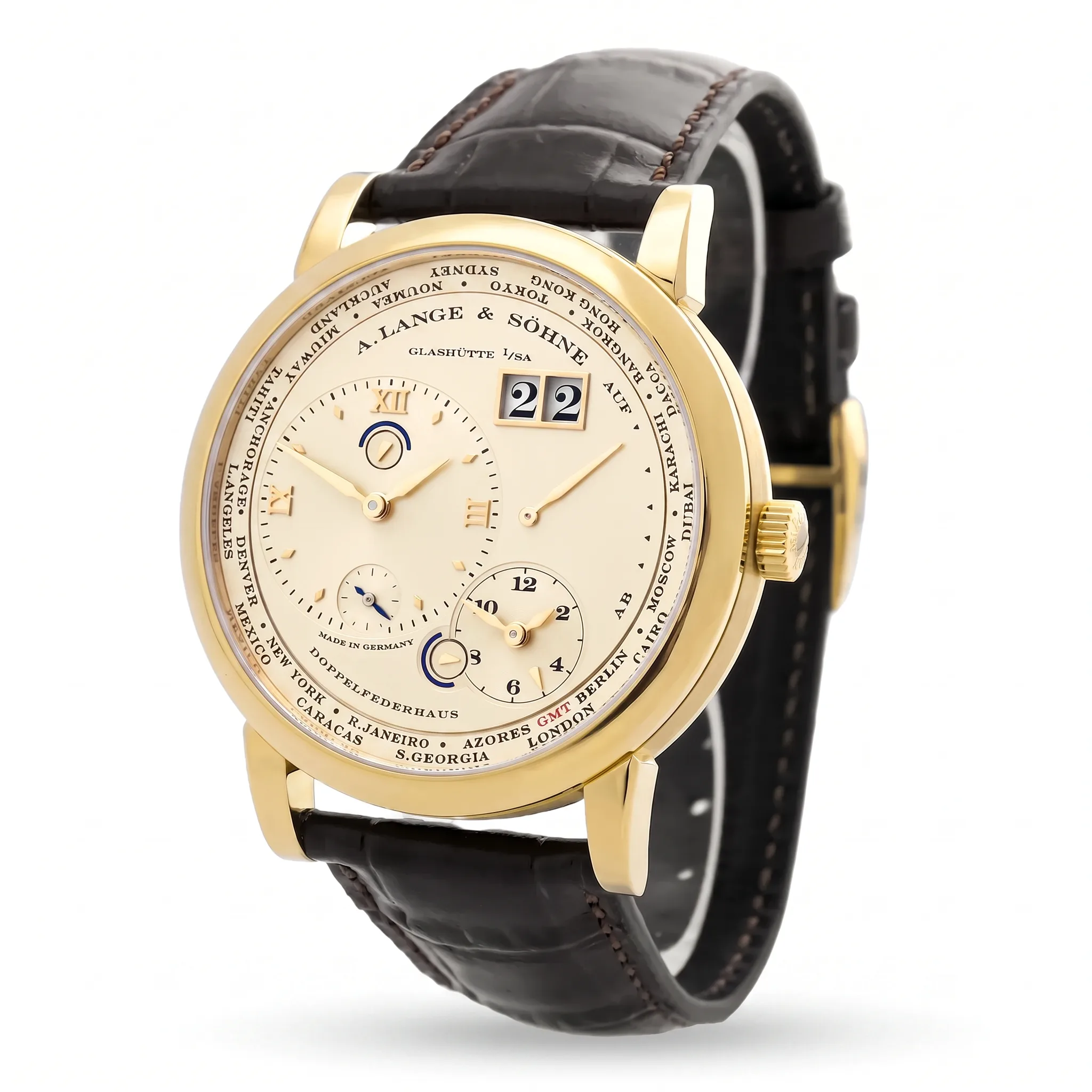 A. Lange & Söhne Lange 1 Zeitzone Gelbgold 116.021, Gehäuseansicht von rechts mit Zeitzonen-Drücker