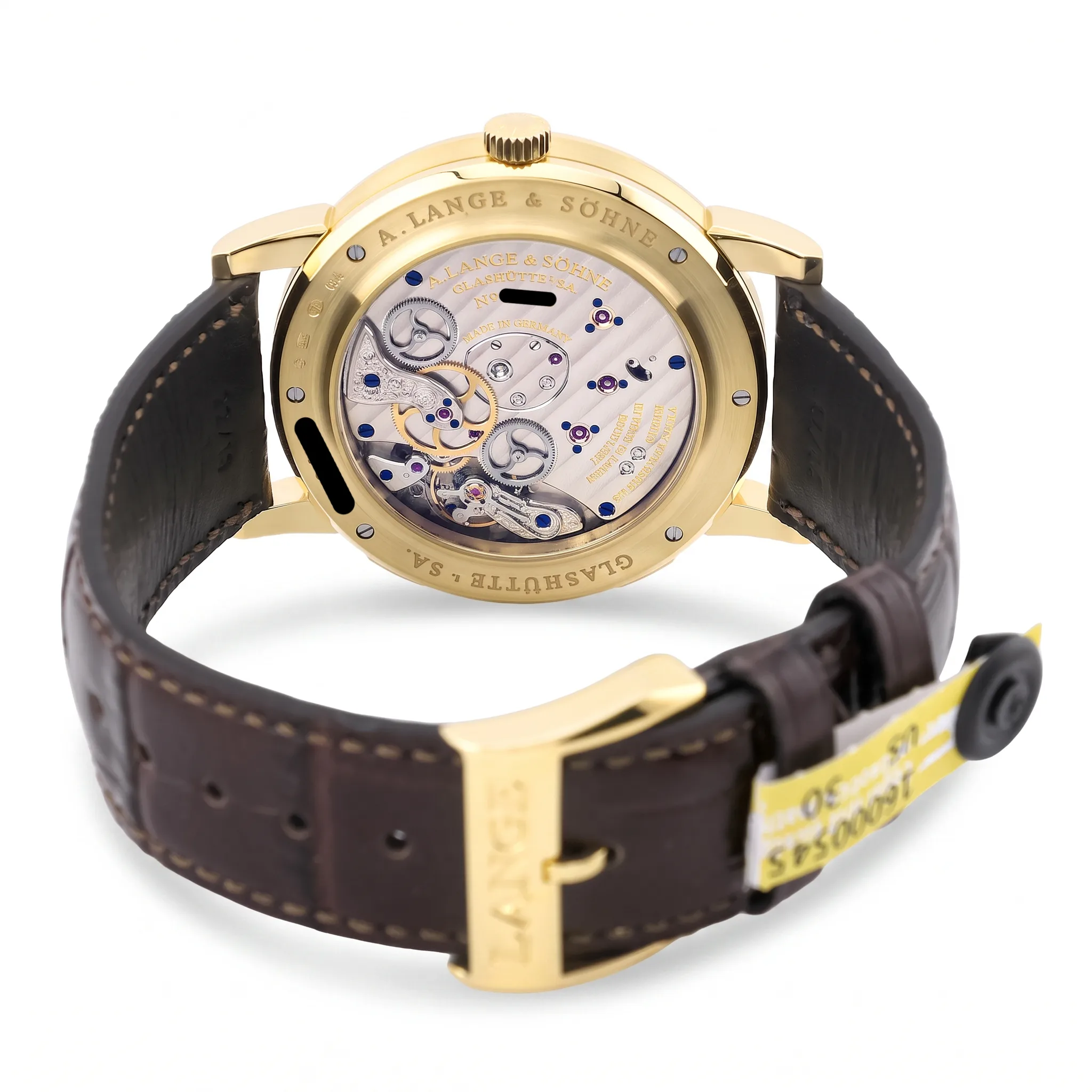 A. Lange & Söhne Lange 1 Zeitzone Gelbgold 116.021, Saphirglasboden mit Sicht auf Kaliber L031.1