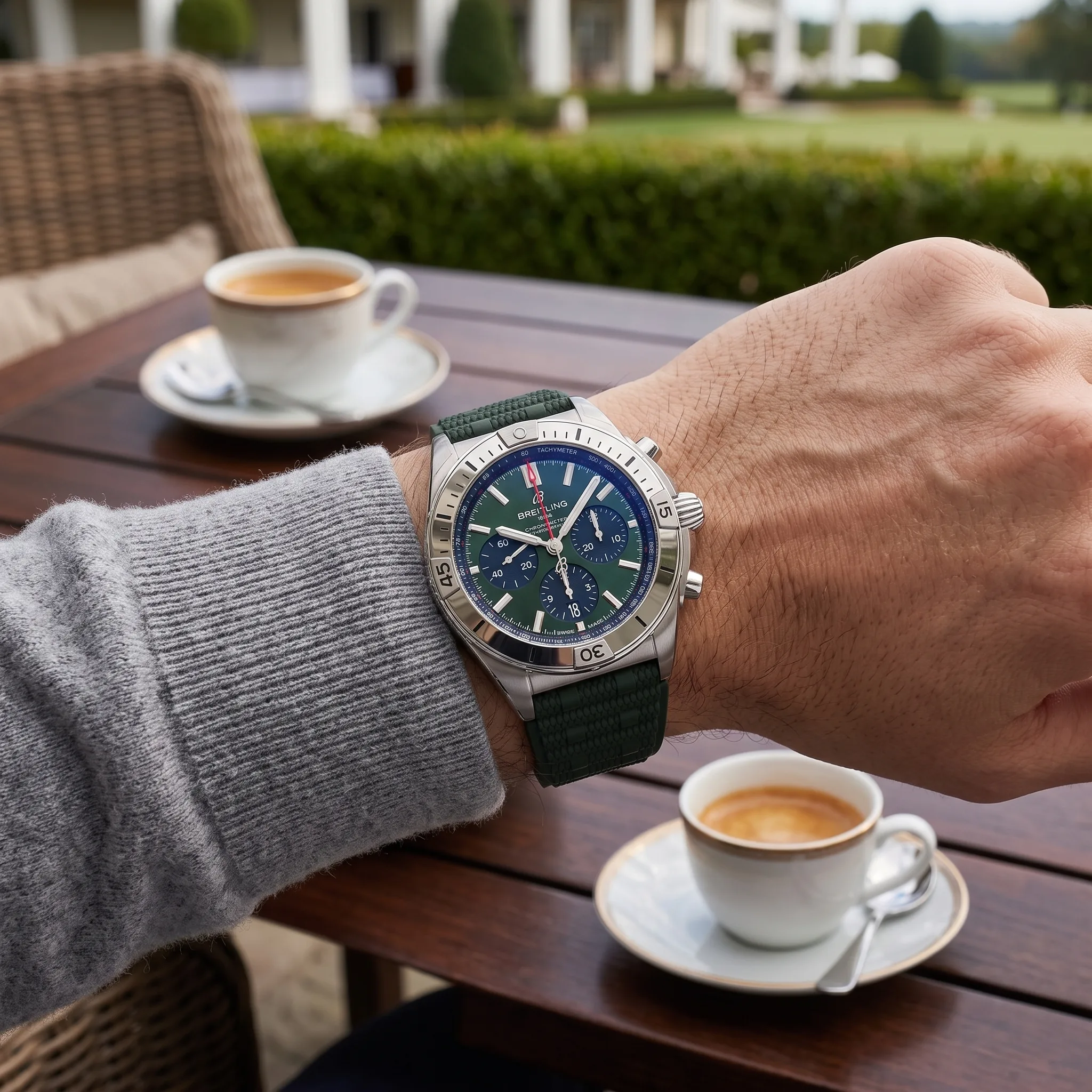 Breitling Chronomat B01 42 Grün AB0134101L2S1, am Handgelenk getragen, Wristshot