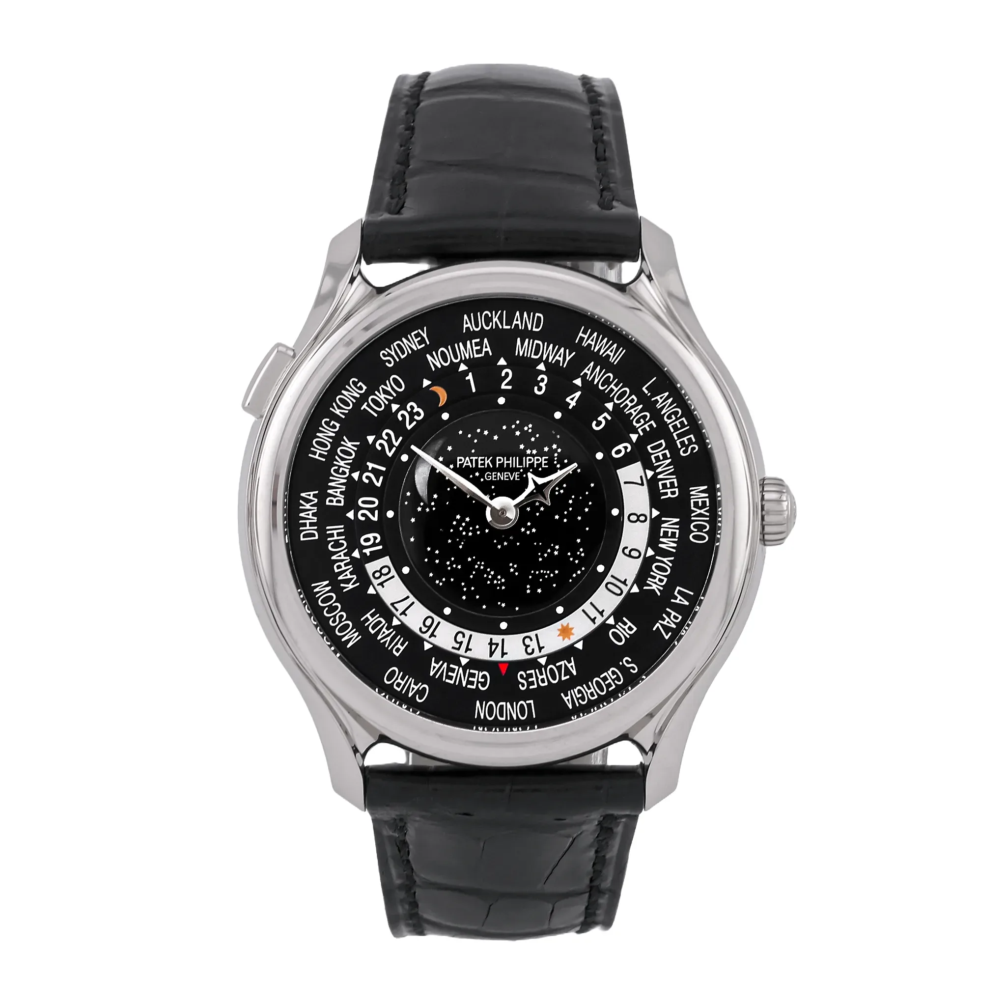 Patek Philippe World Time Moon 5575G-001 in Weißgold, ungetragen, Frontansicht mit Zifferblatt und Mondphase