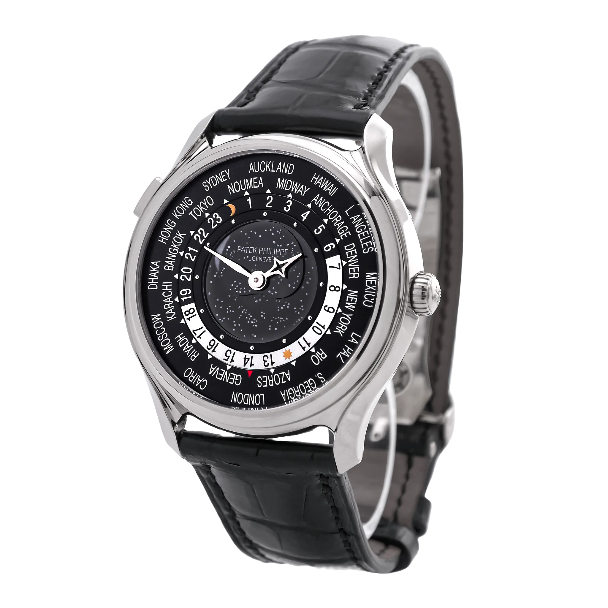 Patek Philippe World Time Moon 5575G-001 in Weißgold, ungetragen, seitliche Ansicht rechts mit Drücker und Krone