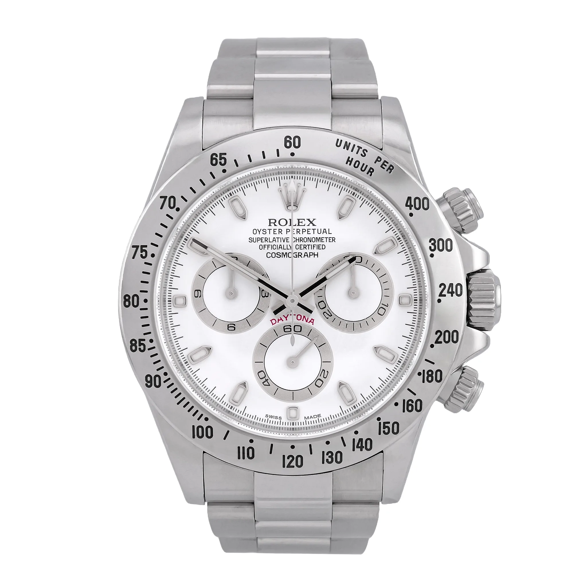 Rolex Cosmograph Daytona Edelstahl 116520 weißes Zifferblatt mit silbernen Totalisatoren-Ringen Frontansicht