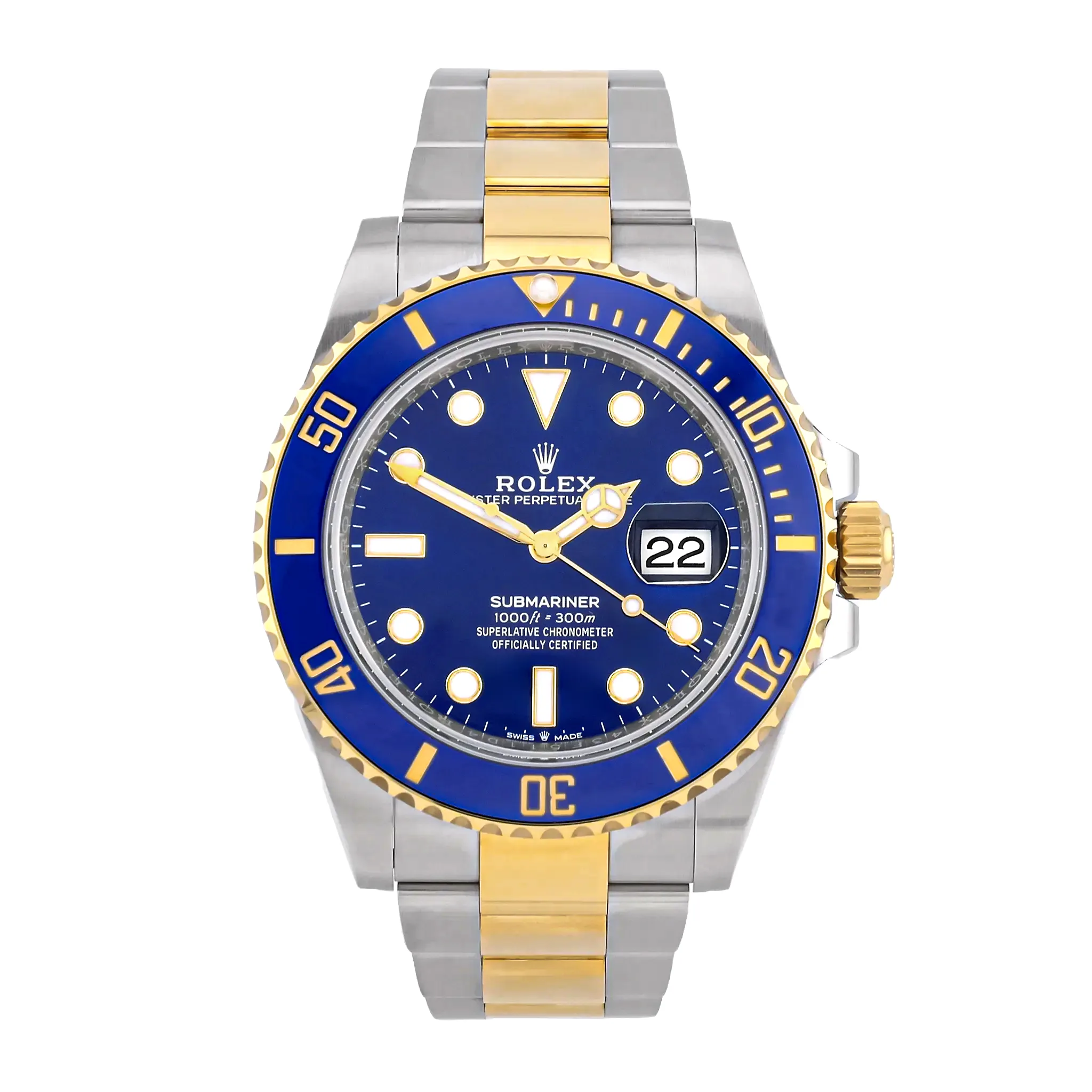 Rolex Submariner Date 126613LB in Oystersteel und Gelbgold mit blauem Zifferblatt, sehr guter Zustand, Frontansicht