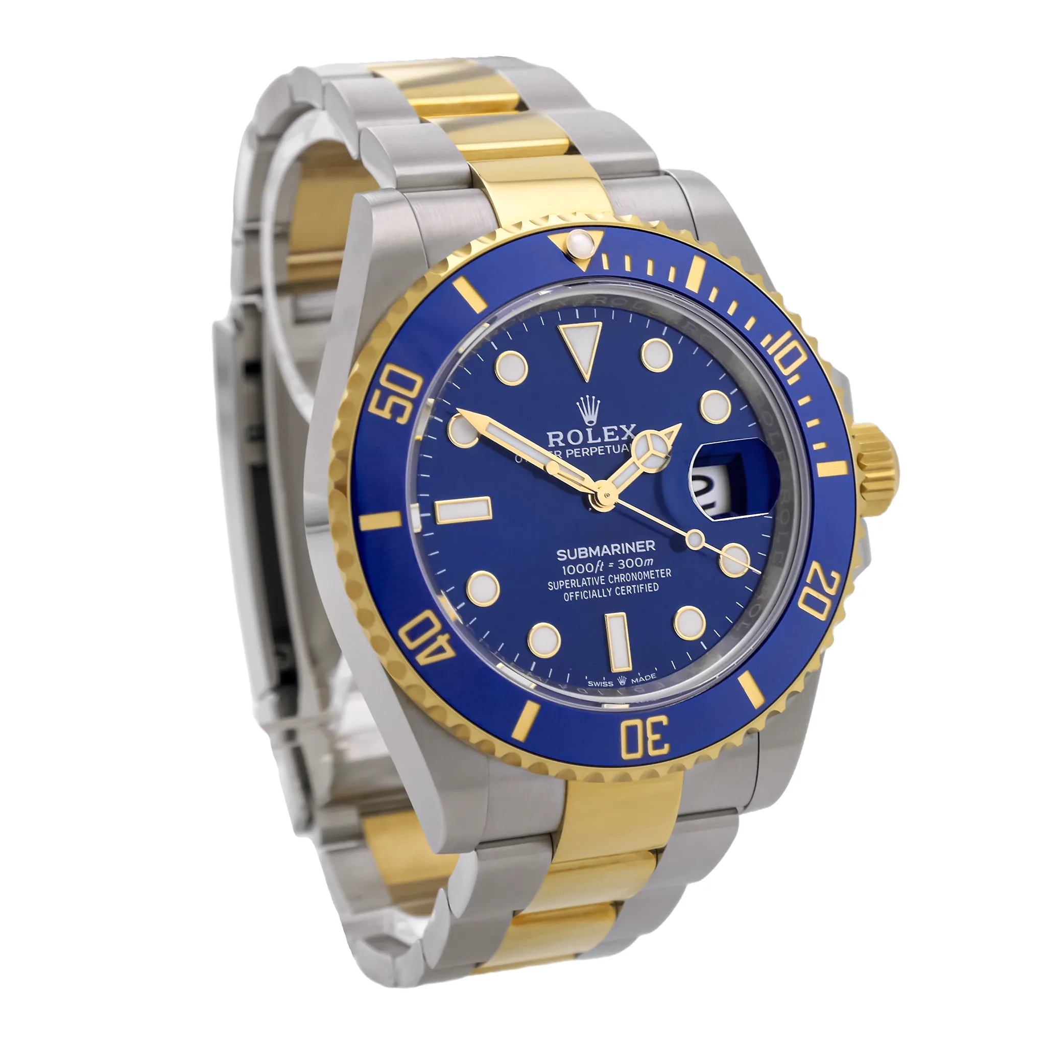 Rolex Submariner Date 126613LB, Seitenansicht von rechts mit Cerachrom-Lünette in Blau